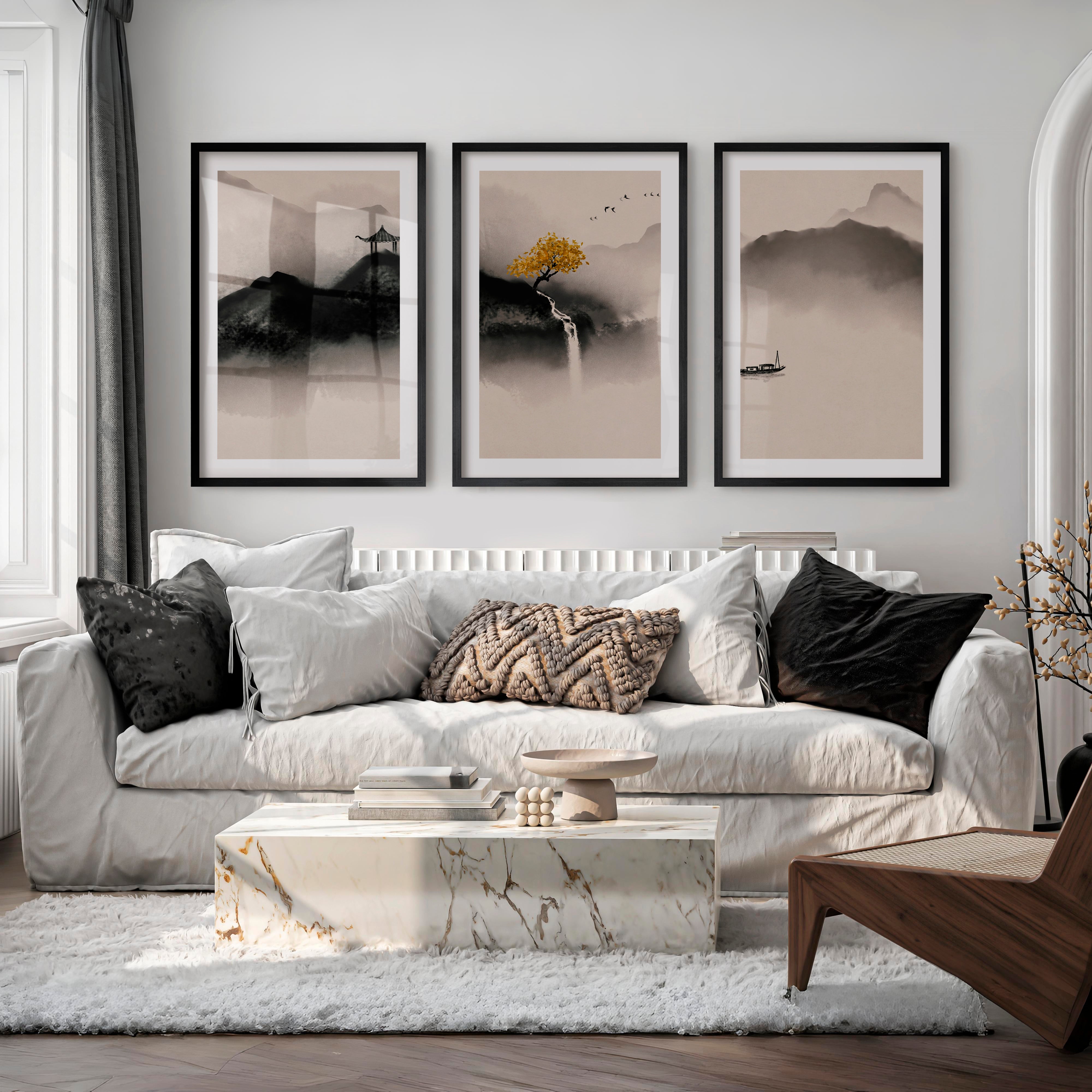 Japanese Crane Art with Full Moon and Pine Tree - Black Framed Poster with White Border - Artworksets