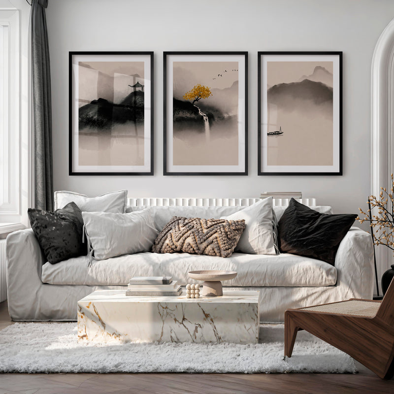 Japanese Crane Art with Full Moon and Pine Tree - Black Framed Poster with White Border - Artworksets