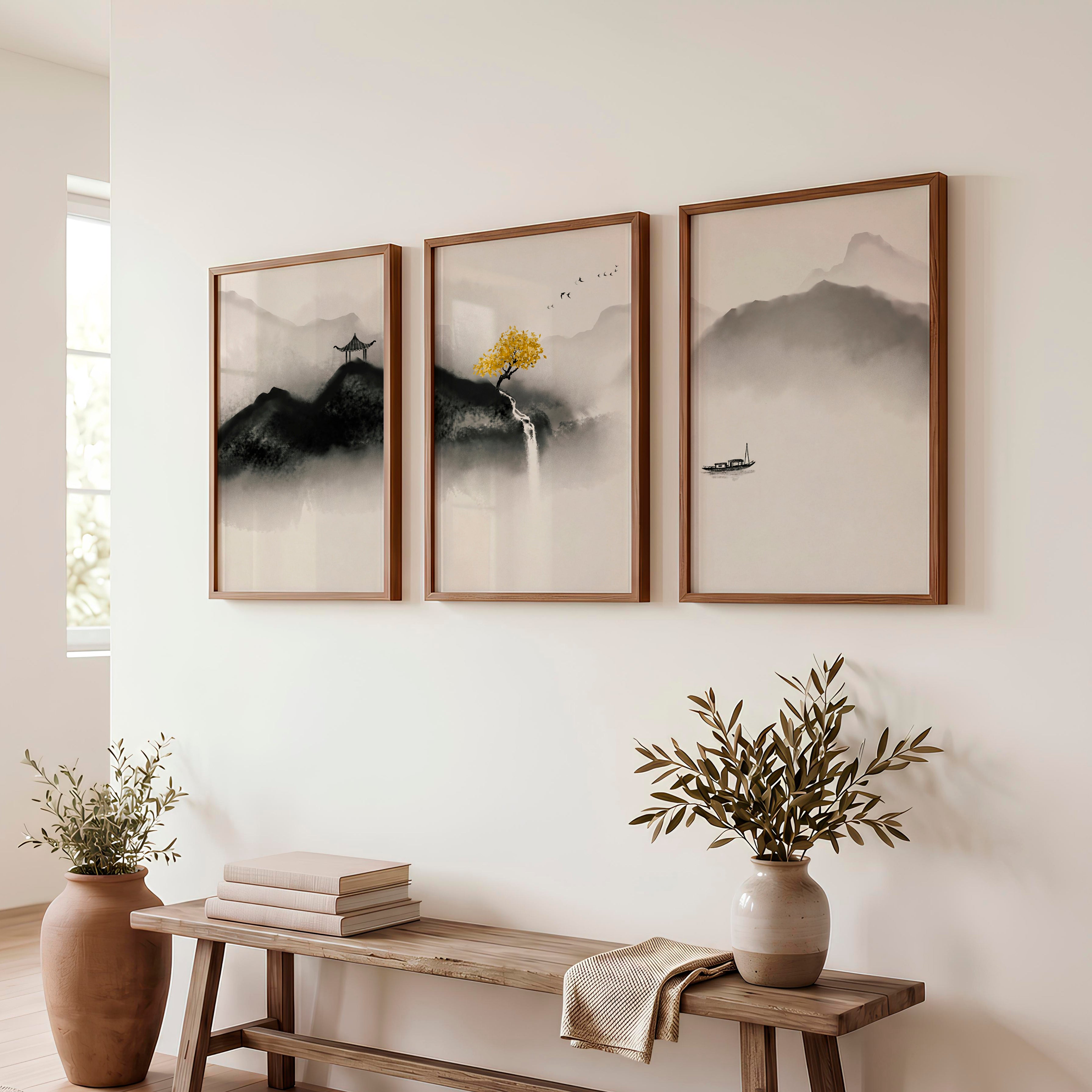 Japanese Crane Art with Full Moon and Pine Tree - Dark Brown Framed Poster No Border - Artworksets