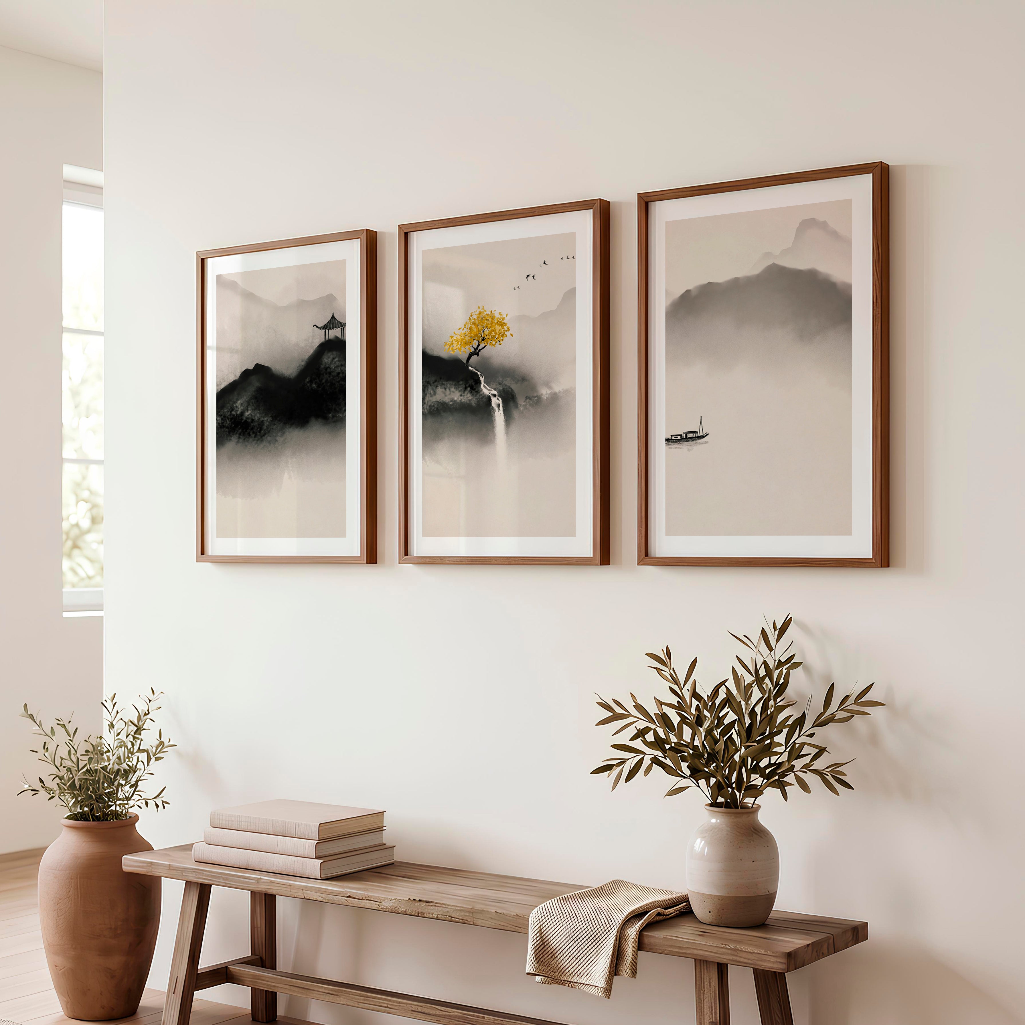Japanese Crane Art with Full Moon and Pine Tree - Dark Brown Framed Poster with White Border - Artworksets