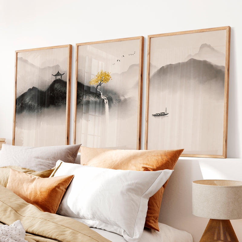 Japanese Crane Art with Full Moon and Pine Tree - Natural Wood Framed Poster No Border - Artworksets