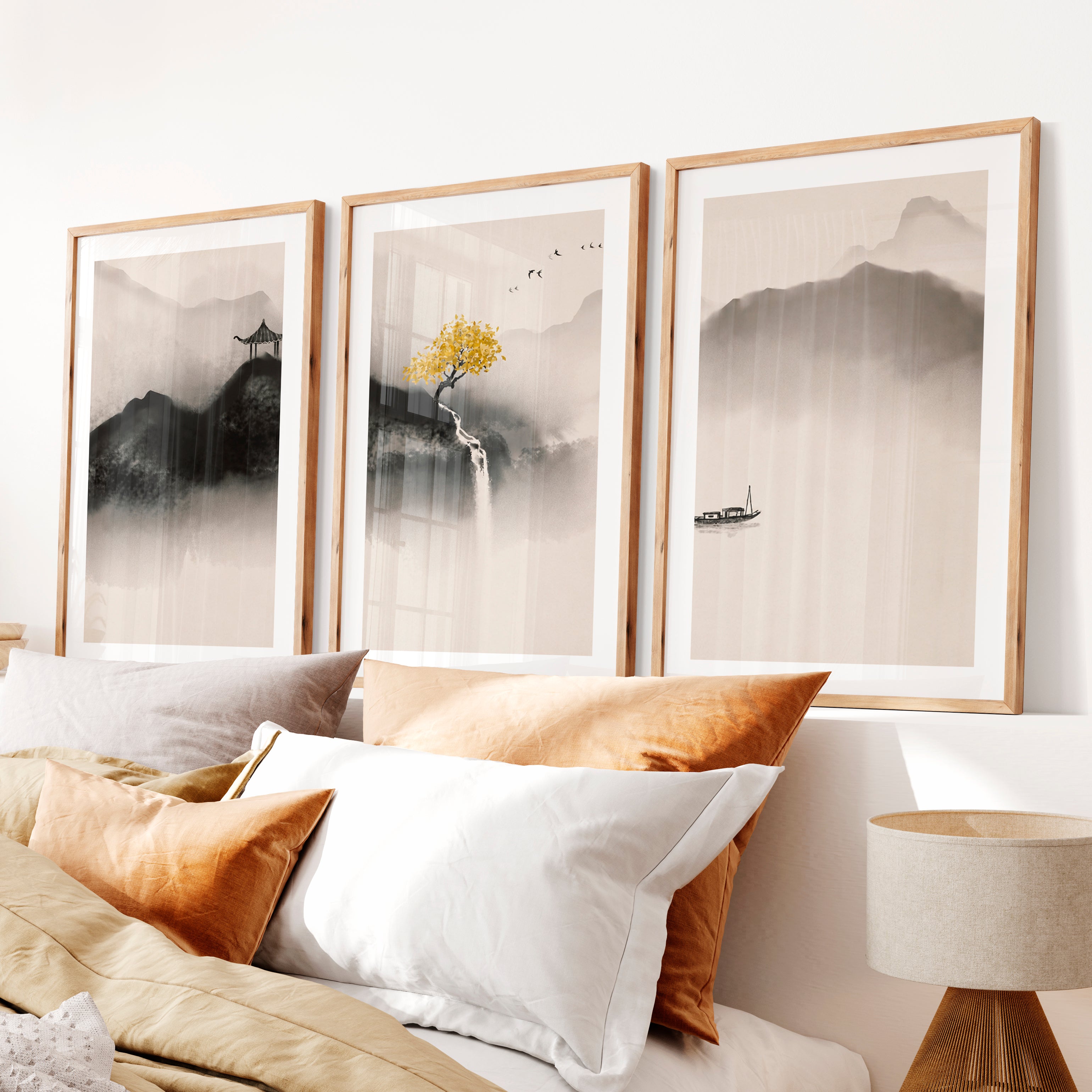 Japanese Crane Art with Full Moon and Pine Tree- Natural Wood Framed Poster with White Border - Artworksets