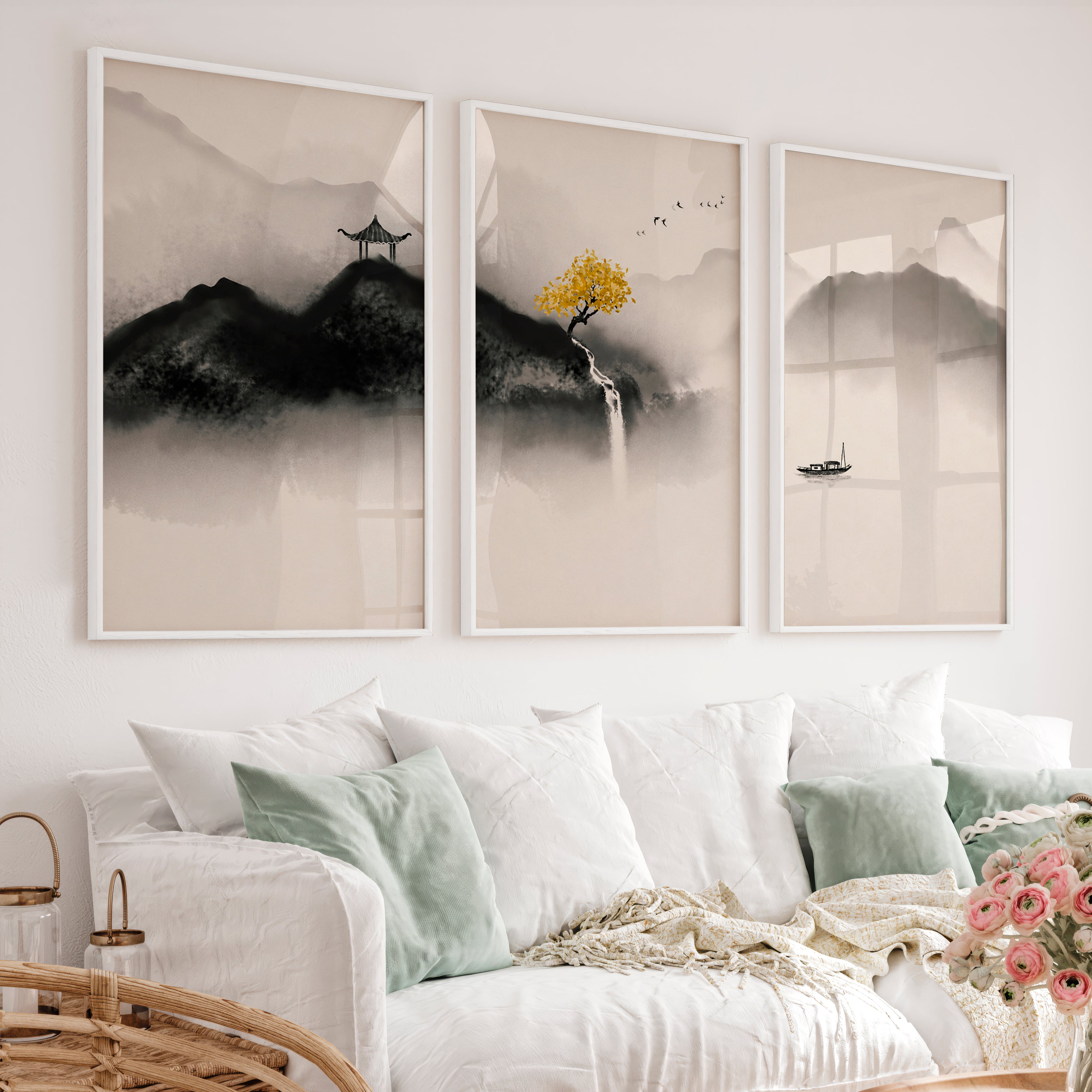 Japanese Crane Art with Full Moon and Pine Tree - White Framed Poster No Border - Artworksets