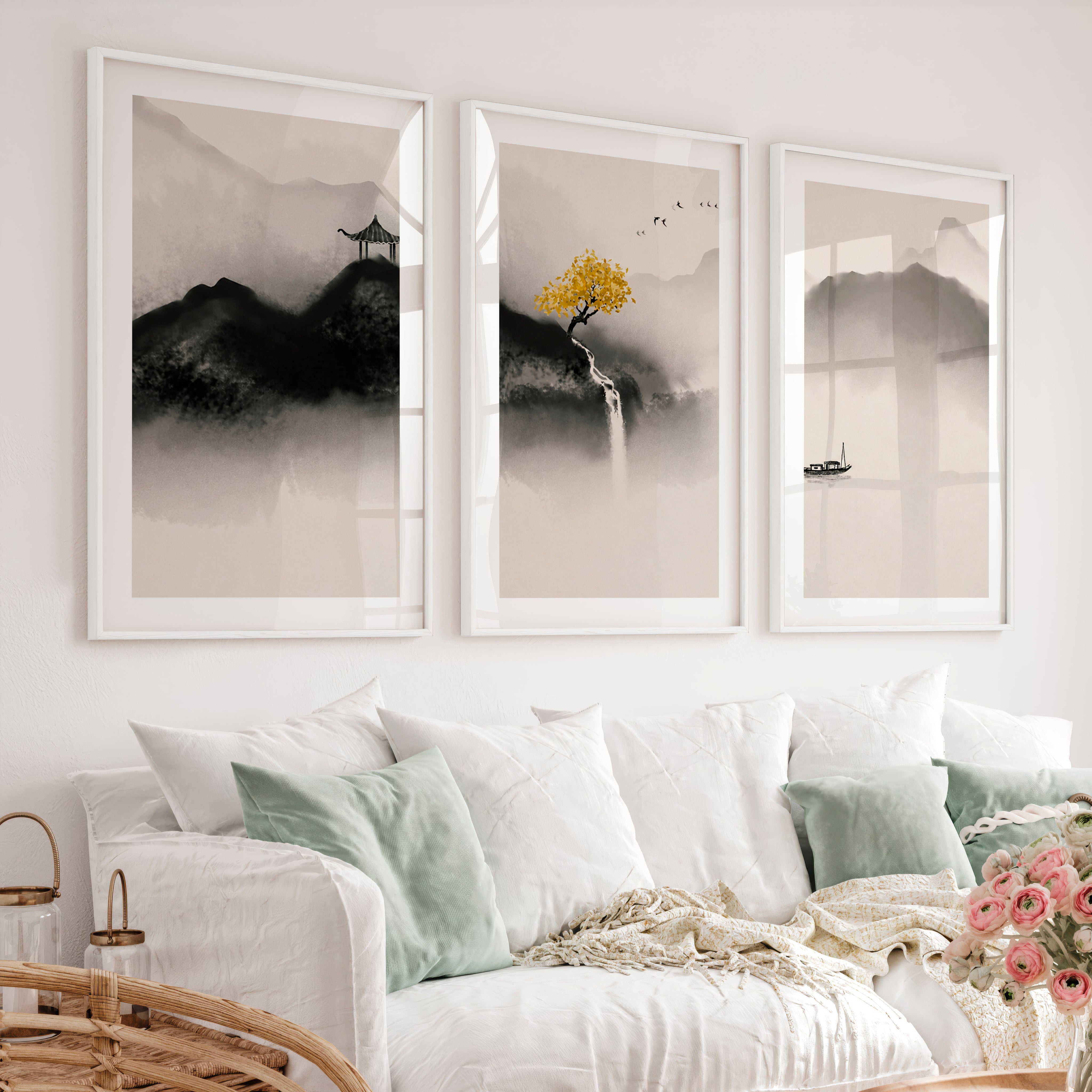 Japanese Crane Art with Full Moon and Pine Tree - White Framed Poster with White Border - Artworksets