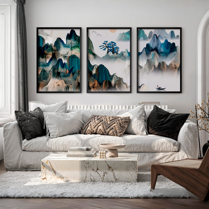 Japanese Crane Artwork with Pine Trees and Full Moon - Black Framed Poster No Border - Artworksets