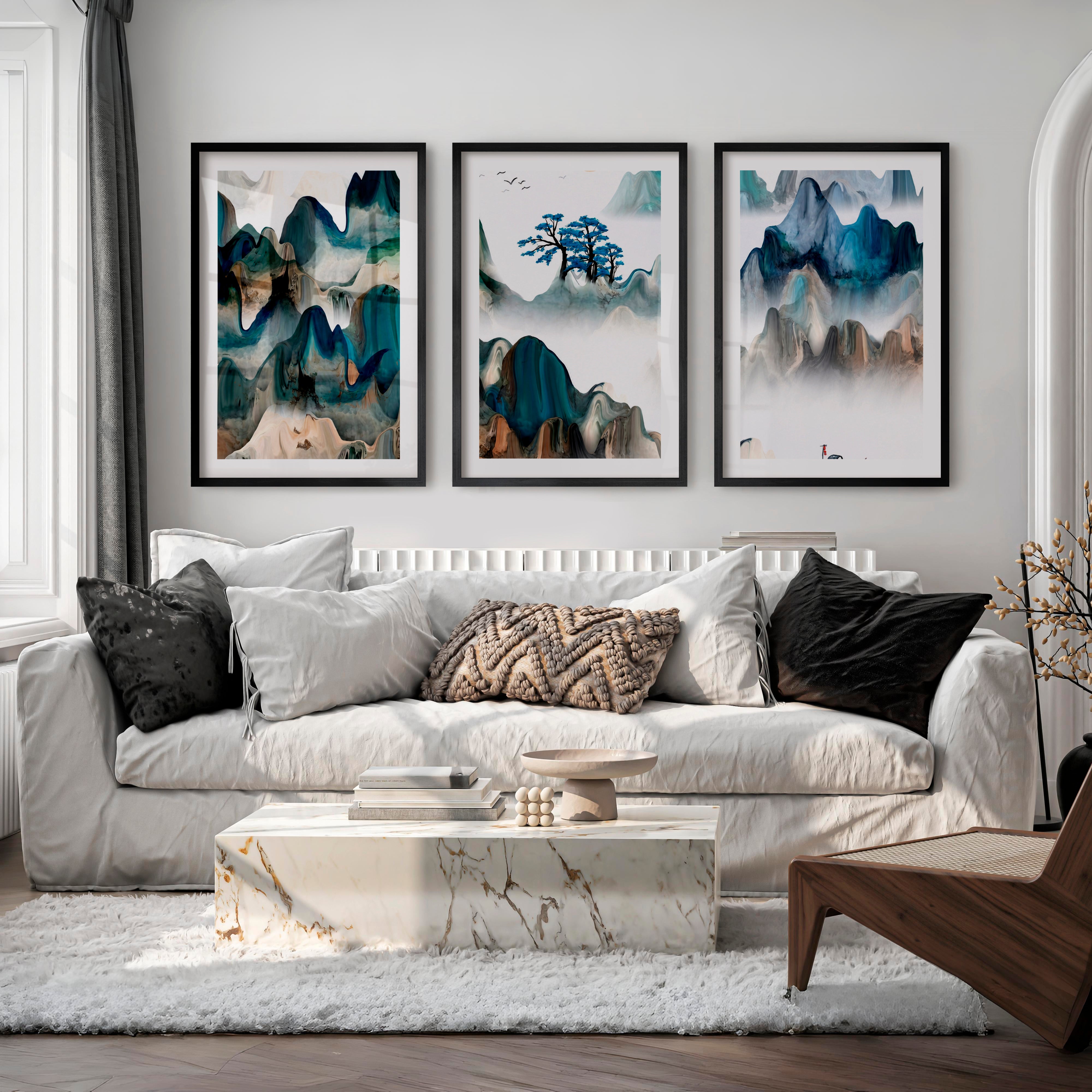 Japanese Crane Artwork with Pine Trees and Full Moon - Black Framed Poster with White Border - Artworksets