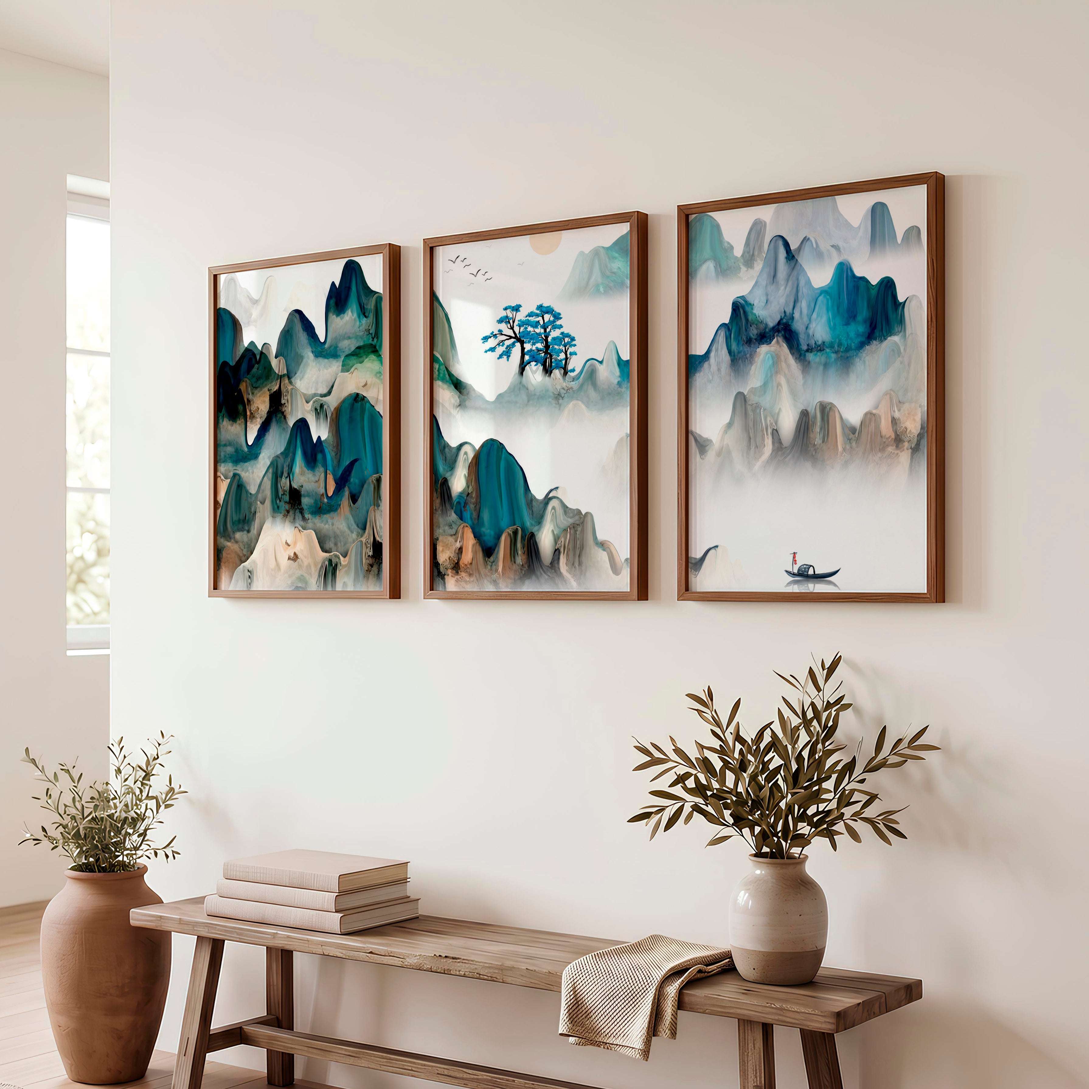 Japanese Crane Artwork with Pine Trees and Full Moon - Dark Brown Framed Poster No Border - Artworksets