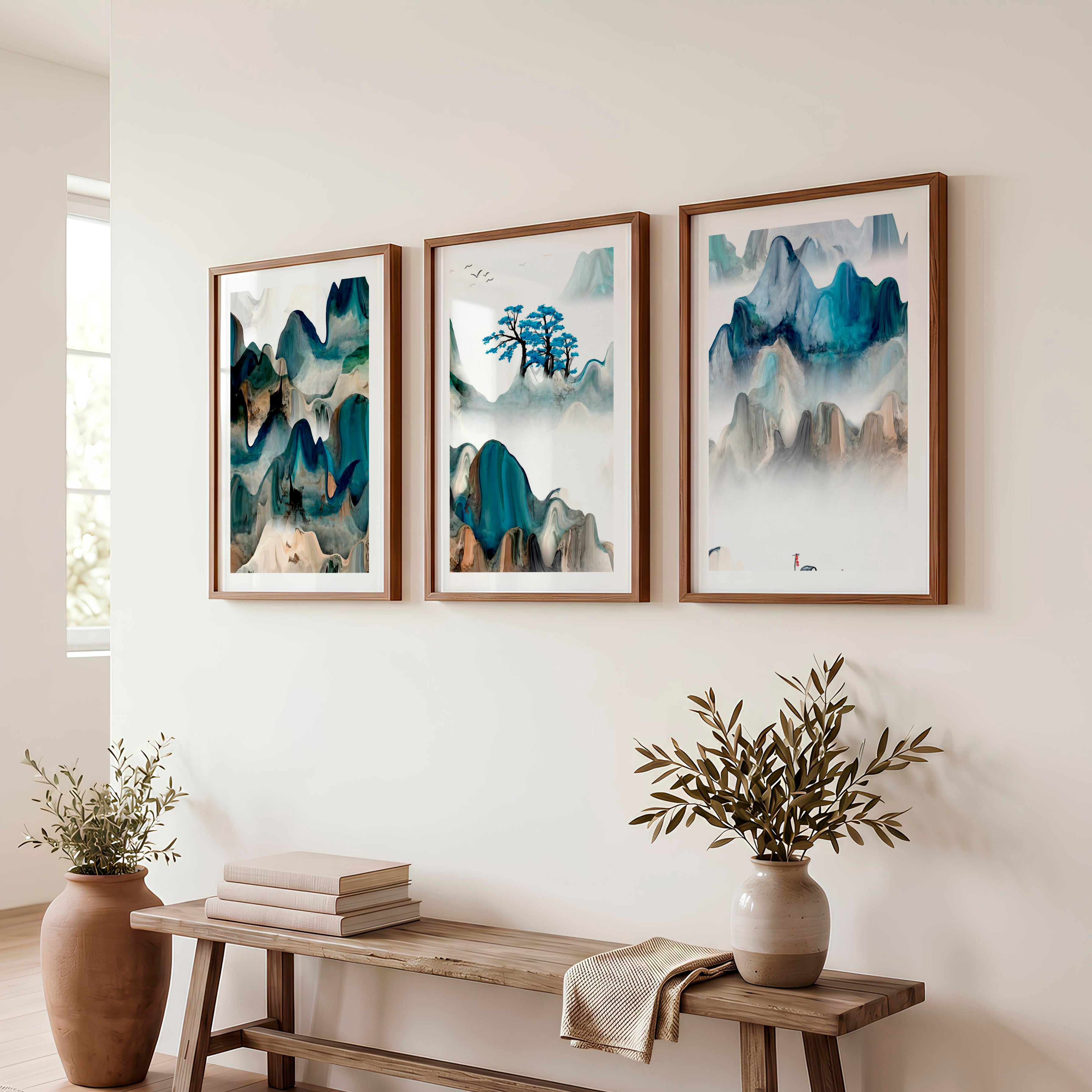 Japanese Crane Artwork with Pine Trees and Full Moon - Dark Brown Framed Poster with White Border - Artworksets