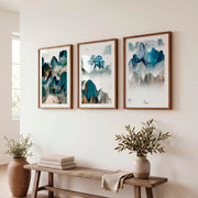 Japanese Crane Artwork with Pine Trees and Full Moon - Dark Brown Framed Poster with White Border - Artworksets