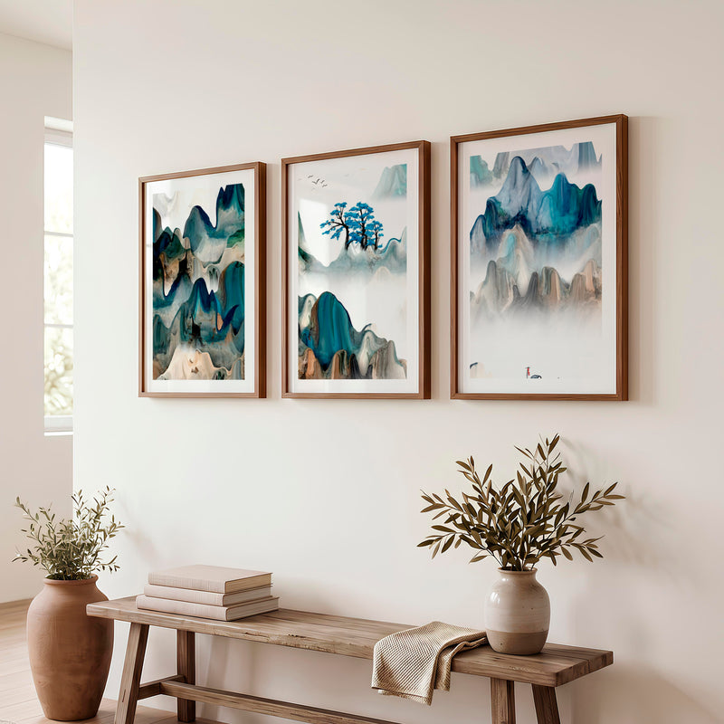 Japanese Crane Artwork with Pine Trees and Full Moon - Dark Brown Framed Poster with White Border - Artworksets
