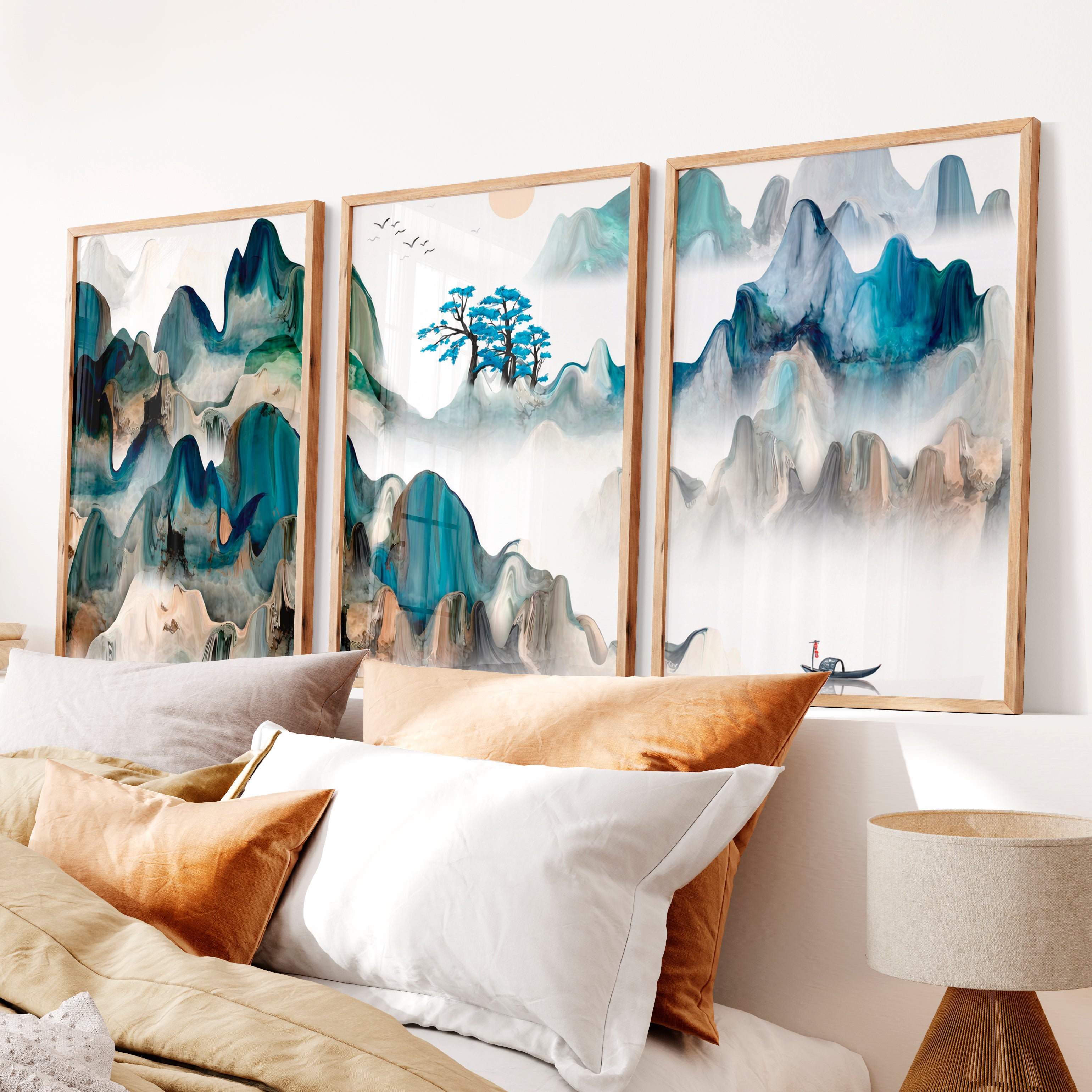 Japanese Crane Artwork with Pine Trees and Full Moon - Natural Wood Framed Poster No Border - Artworksets