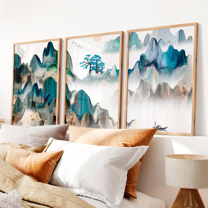 Japanese Crane Artwork with Pine Trees and Full Moon - Natural Wood Framed Poster No Border - Artworksets