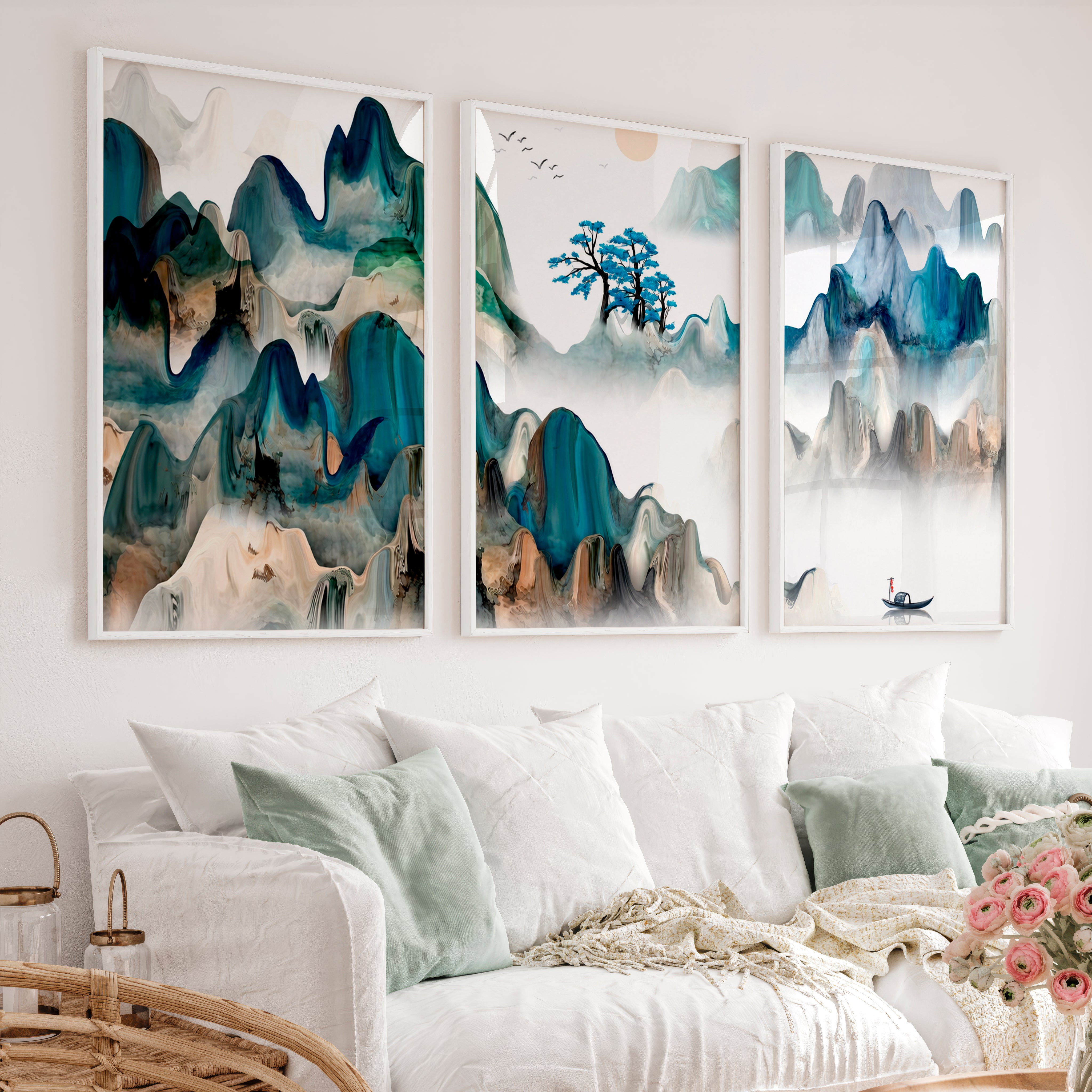 Japanese Crane Artwork with Pine Trees and Full Moon - White Framed Poster No Border - Artworksets