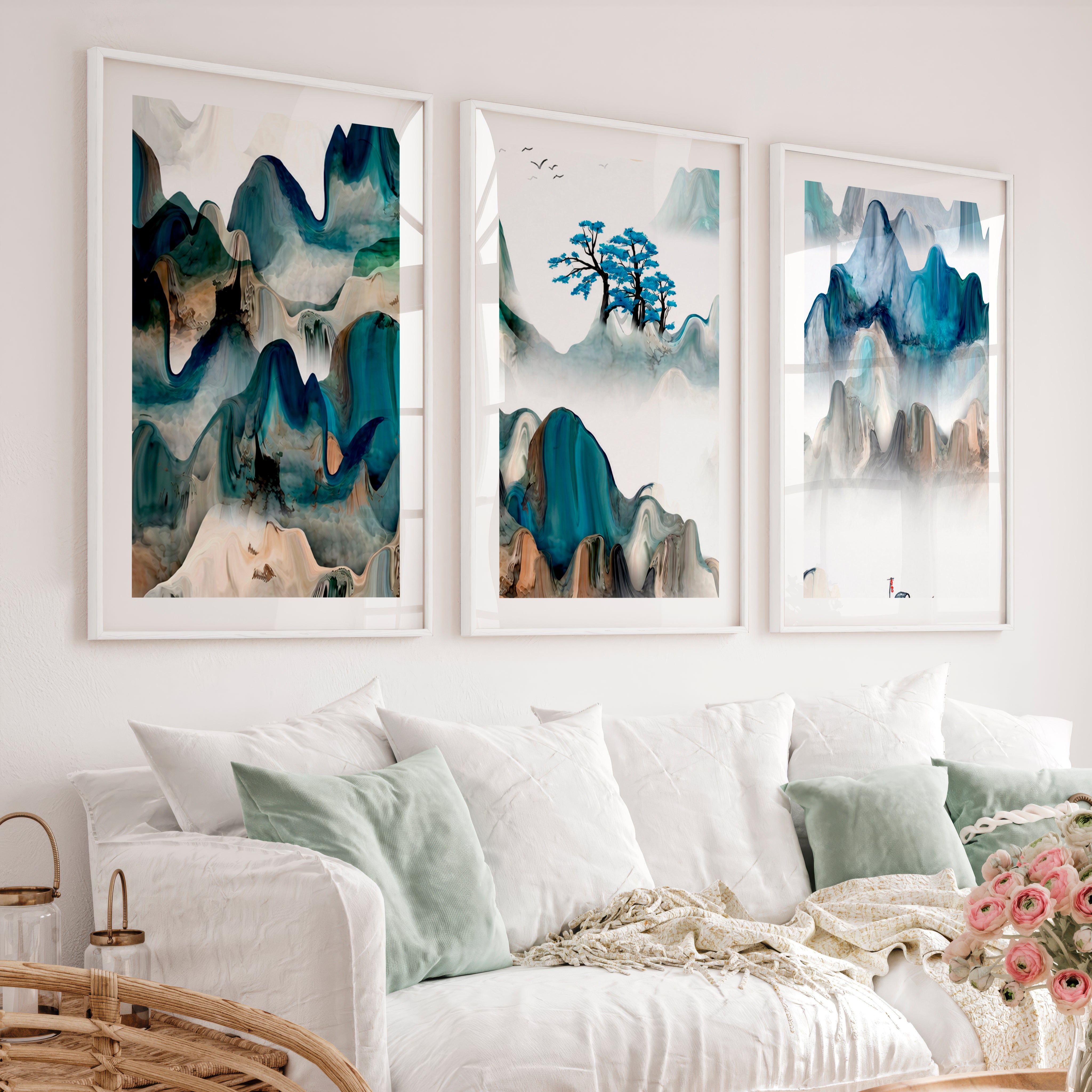 Japanese Crane Artwork with Pine Trees and Full Moon - White Framed Poster with White Border - Artworksets