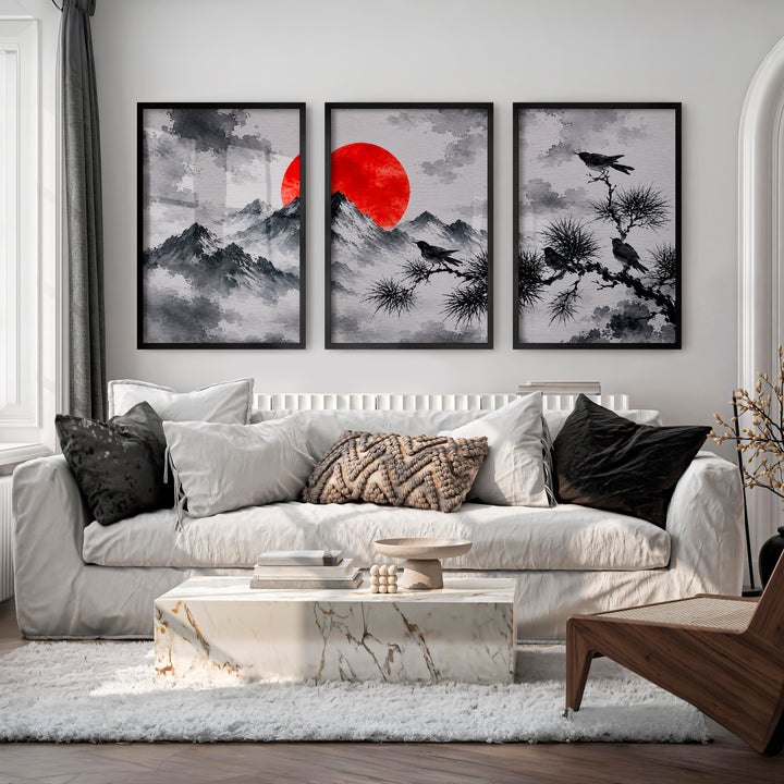 Japanese Dragon Art with Majestic Mountain Triptych - Black Framed Poster No Border - Artworksets