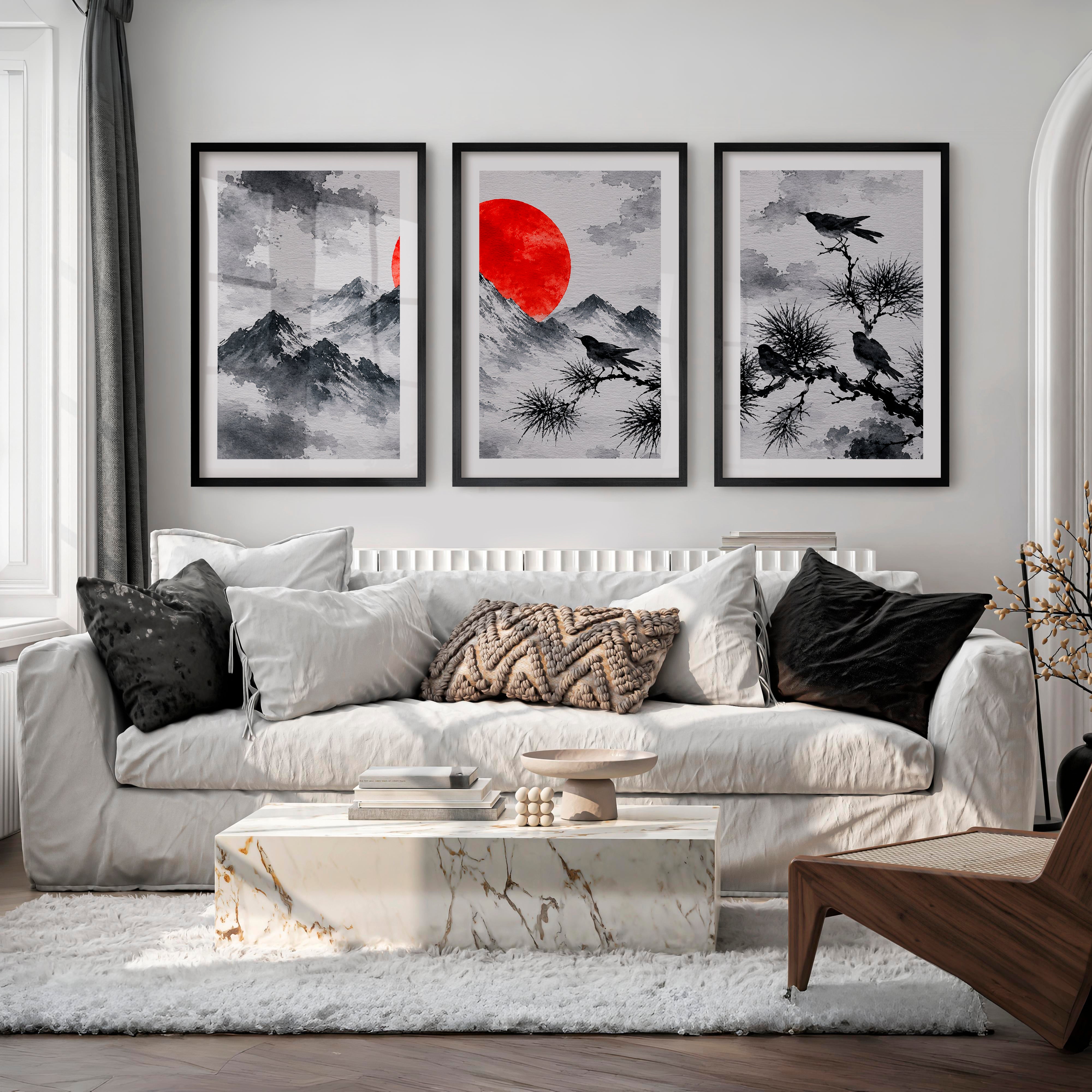 Japanese Dragon Art with Majestic Mountain Triptych - Black Framed Poster with White Border - Artworksets