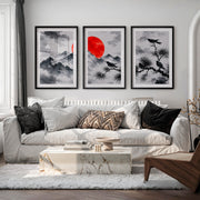 Japanese Dragon Art with Majestic Mountain Triptych - Black Framed Poster with White Border - Artworksets