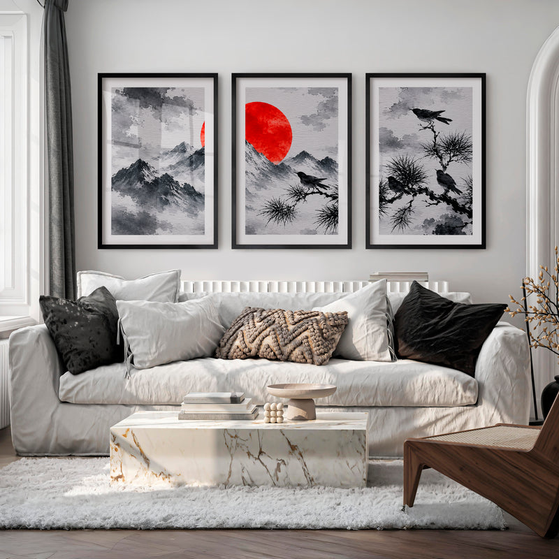 Japanese Dragon Art with Majestic Mountain Triptych - Black Framed Poster with White Border - Artworksets