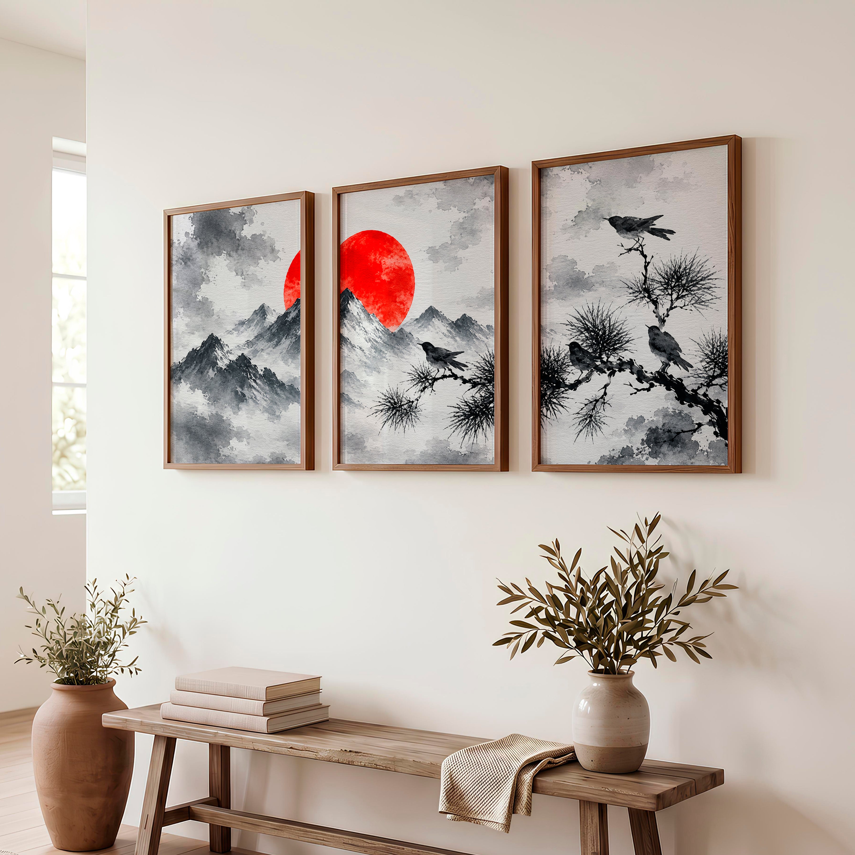 Japanese Dragon Art with Majestic Mountain Triptych - Dark Brown Framed Poster No Border - Artworksets