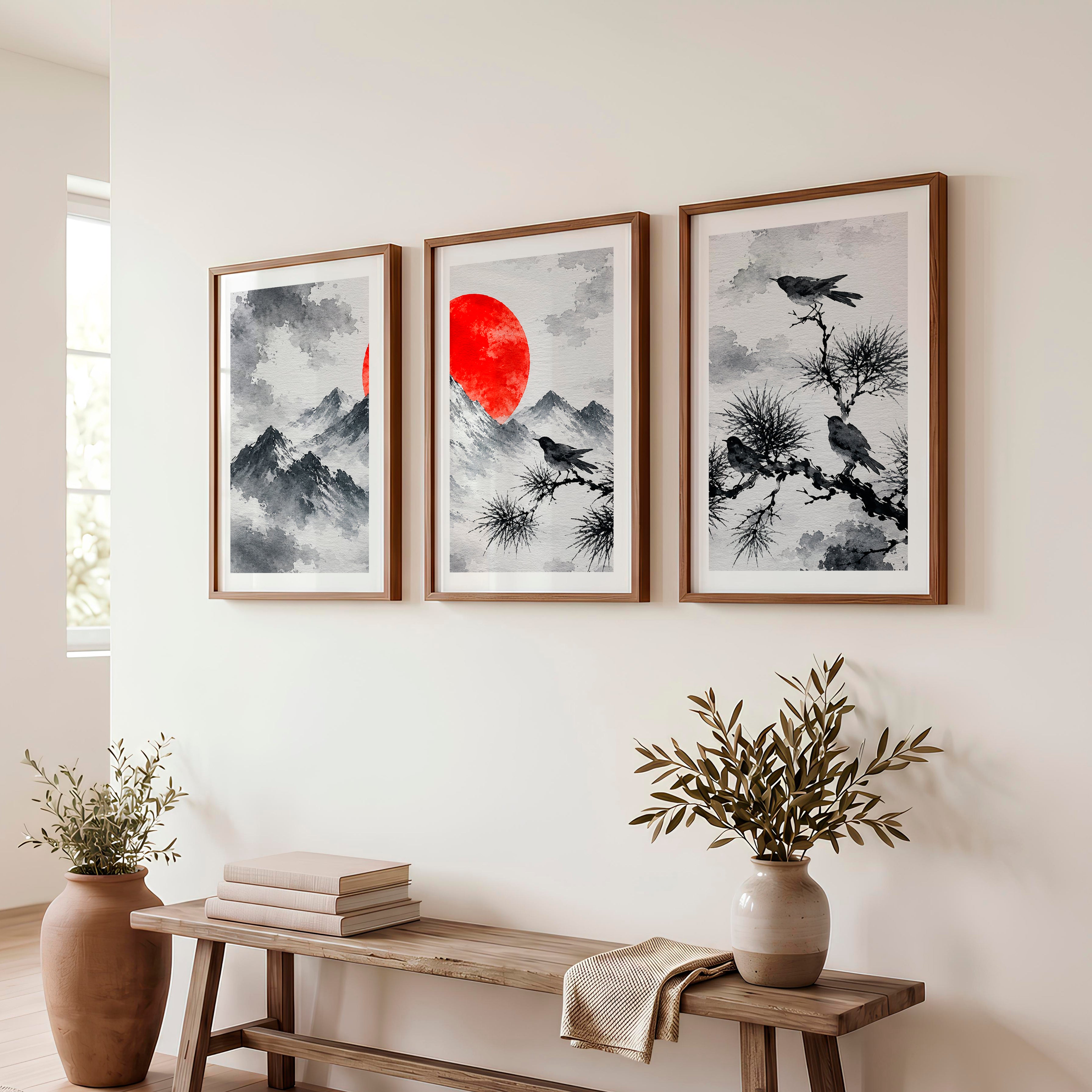 Japanese Dragon Art with Majestic Mountain Triptych - Dark Brown Framed Poster with White Border - Artworksets