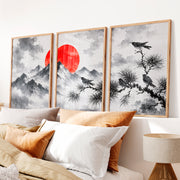 Japanese Dragon Art with Majestic Mountain Triptych - Natural Wood Framed Poster No Border - Artworksets