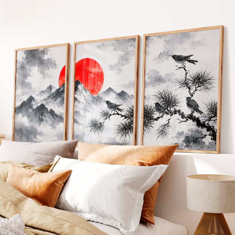 Japanese Dragon Art with Majestic Mountain Triptych - Natural Wood Framed Poster No Border - Artworksets