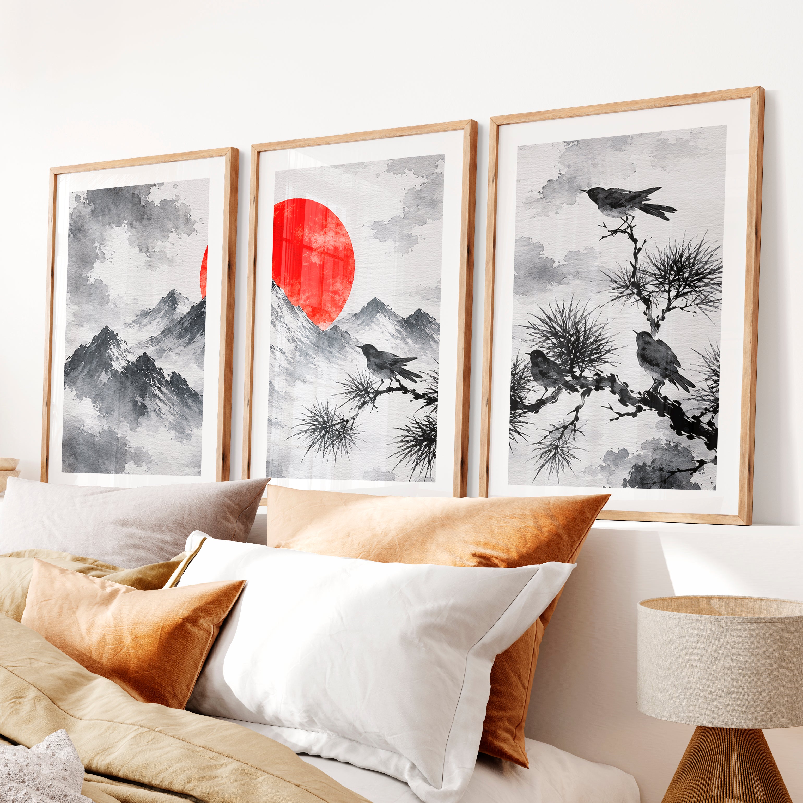 Japanese Dragon Art with Majestic Mountain Triptych- Natural Wood Framed Poster with White Border - Artworksets
