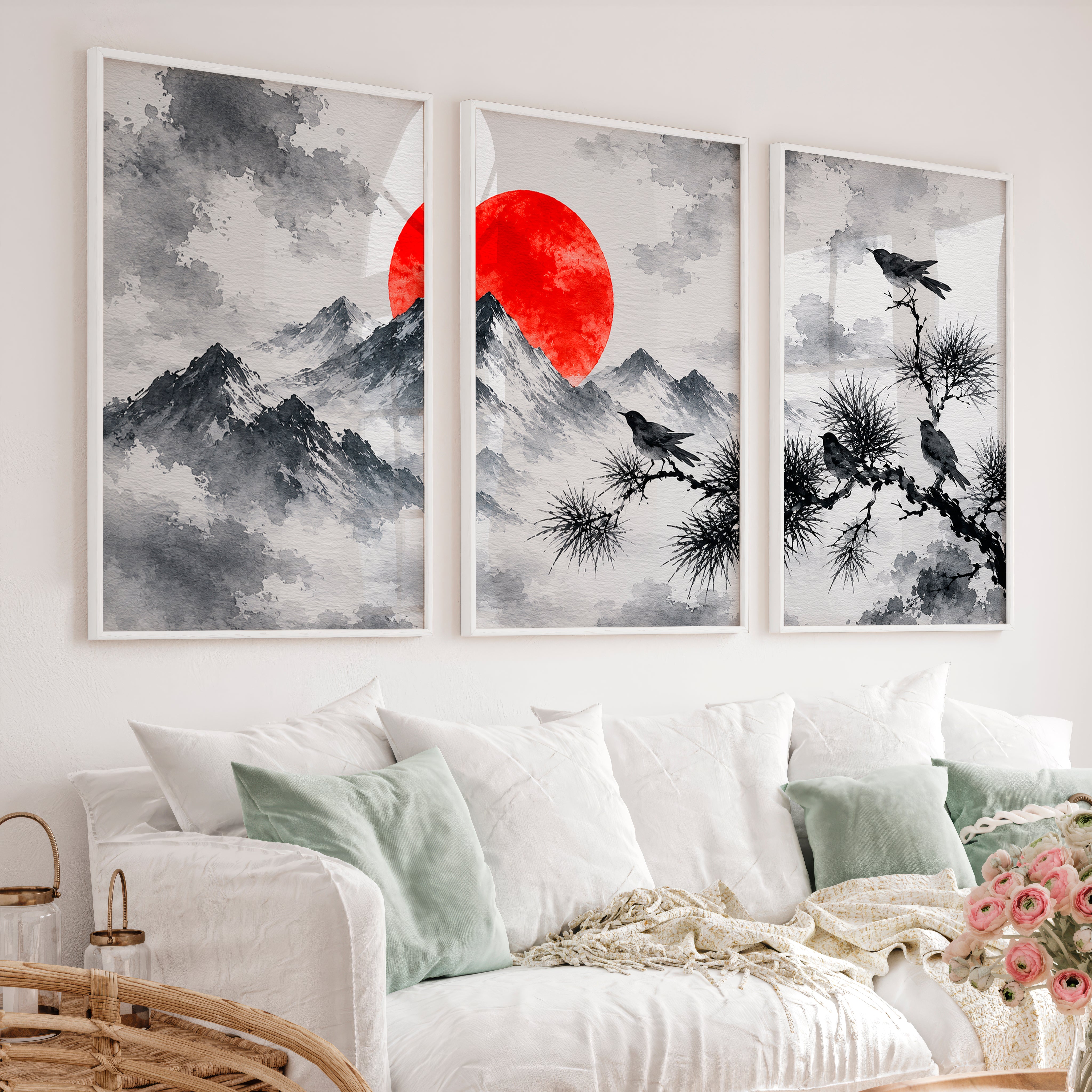 Japanese Dragon Art with Majestic Mountain Triptych - White Framed Poster No Border - Artworksets