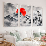 Japanese Dragon Art with Majestic Mountain Triptych - White Framed Poster No Border - Artworksets