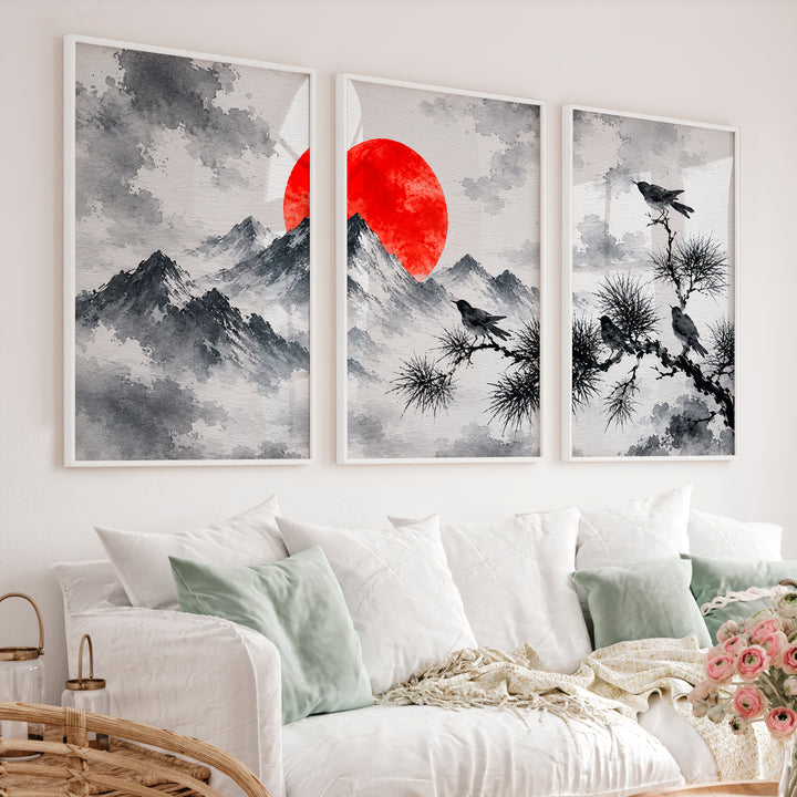 Japanese Dragon Art with Majestic Mountain Triptych - White Framed Poster No Border - Artworksets
