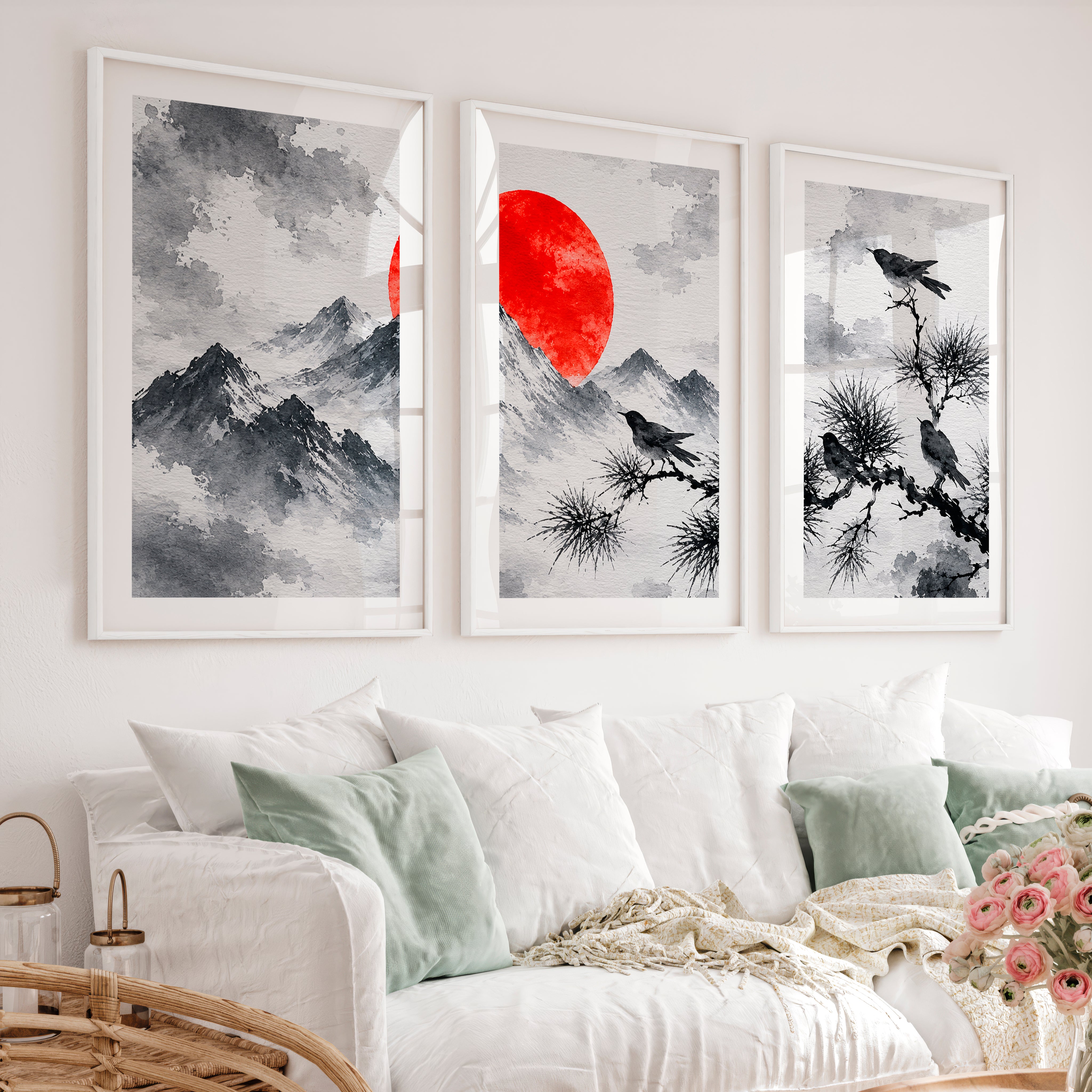 Japanese Dragon Art with Majestic Mountain Triptych - White Framed Poster with White Border - Artworksets