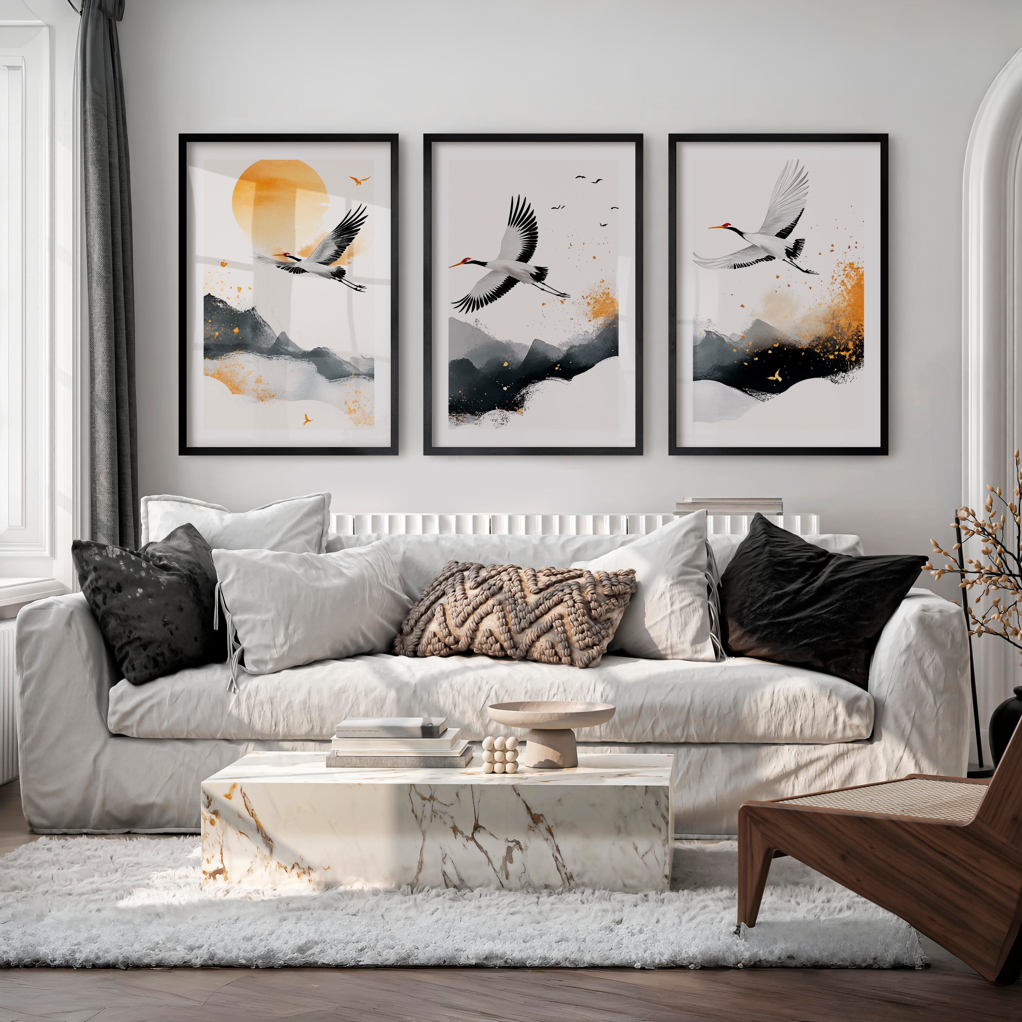 Japanese Floral Art Featuring Bamboo and Blooming Branch - Black Framed Poster with White Border - Artworksets
