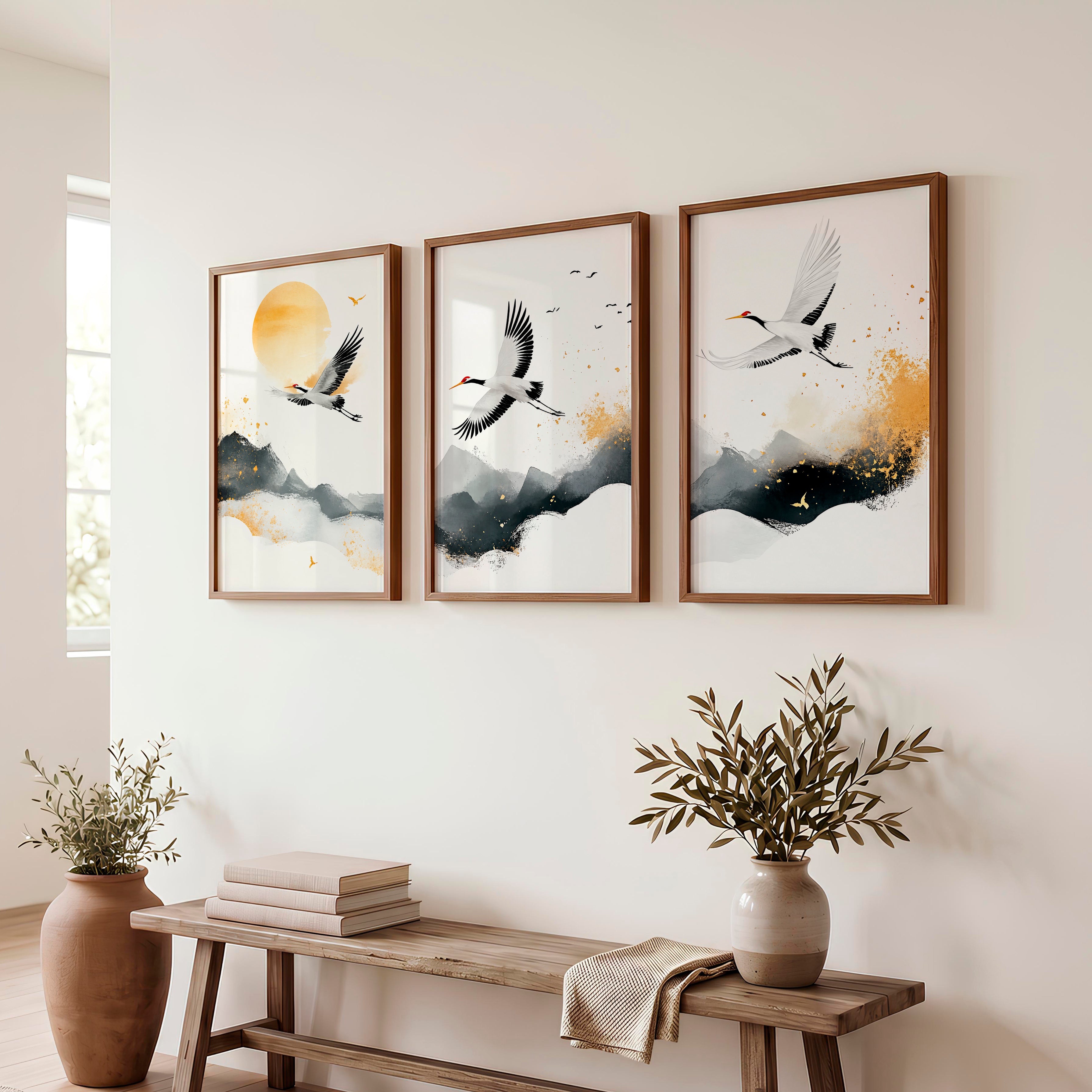 Japanese Floral Art Featuring Bamboo and Blooming Branch - Dark Brown Framed Poster No Border - Artworksets