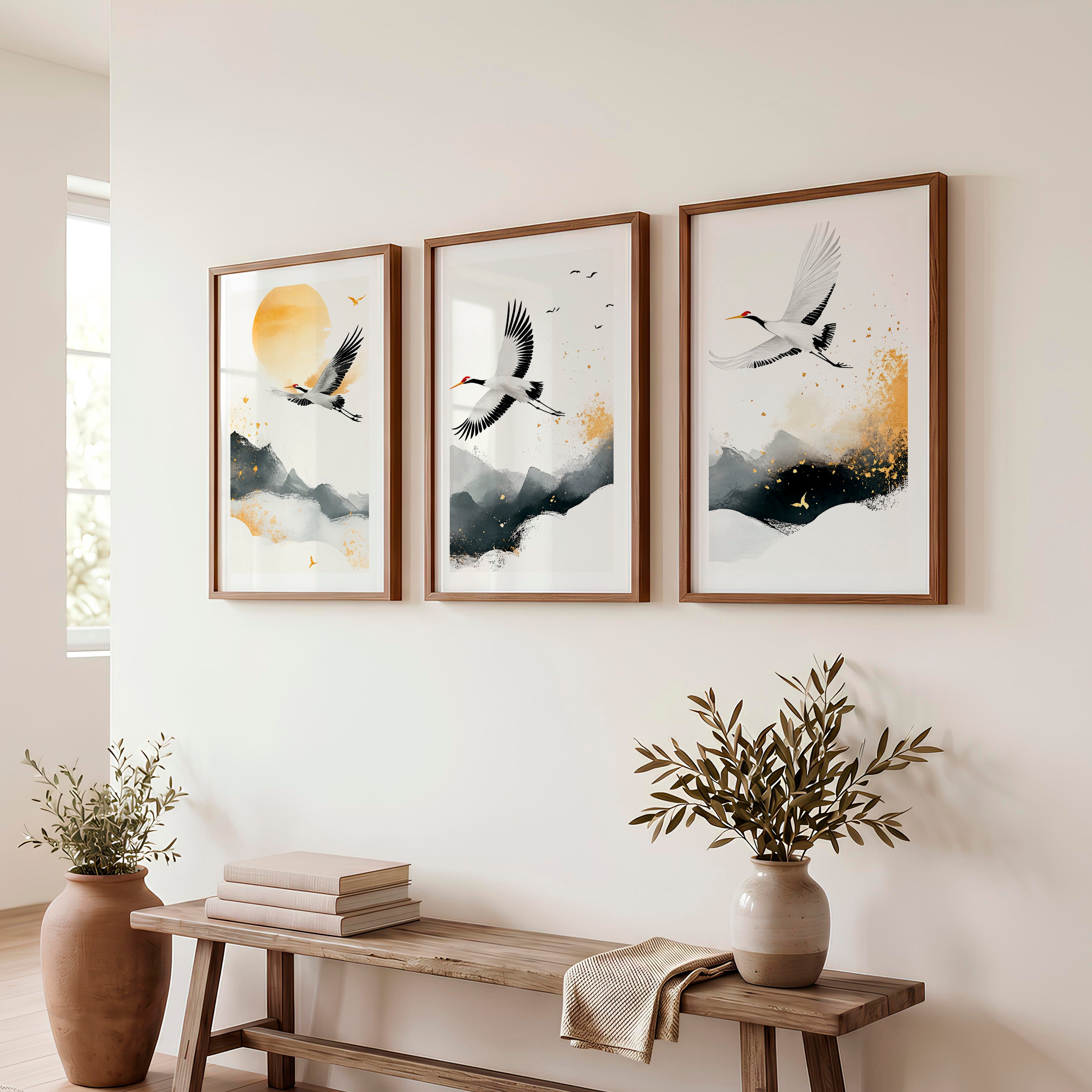 Japanese Floral Art Featuring Bamboo and Blooming Branch - Dark Brown Framed Poster with White Border - Artworksets