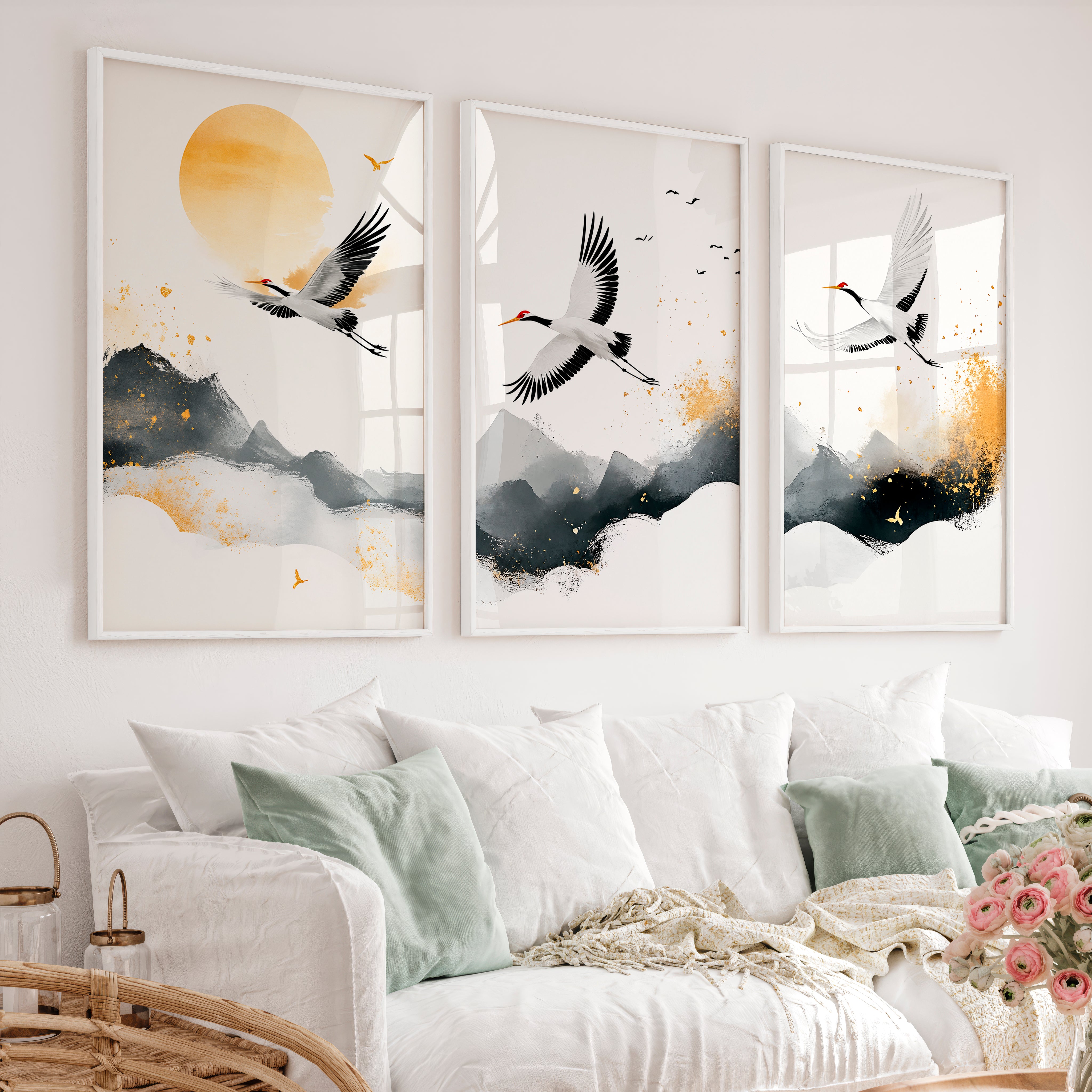 Japanese Floral Art Featuring Bamboo and Blooming Branch - White Framed Poster No Border - Artworksets