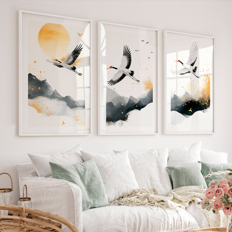 Japanese Floral Art Featuring Bamboo and Blooming Branch - White Framed Poster with White Border - Artworksets