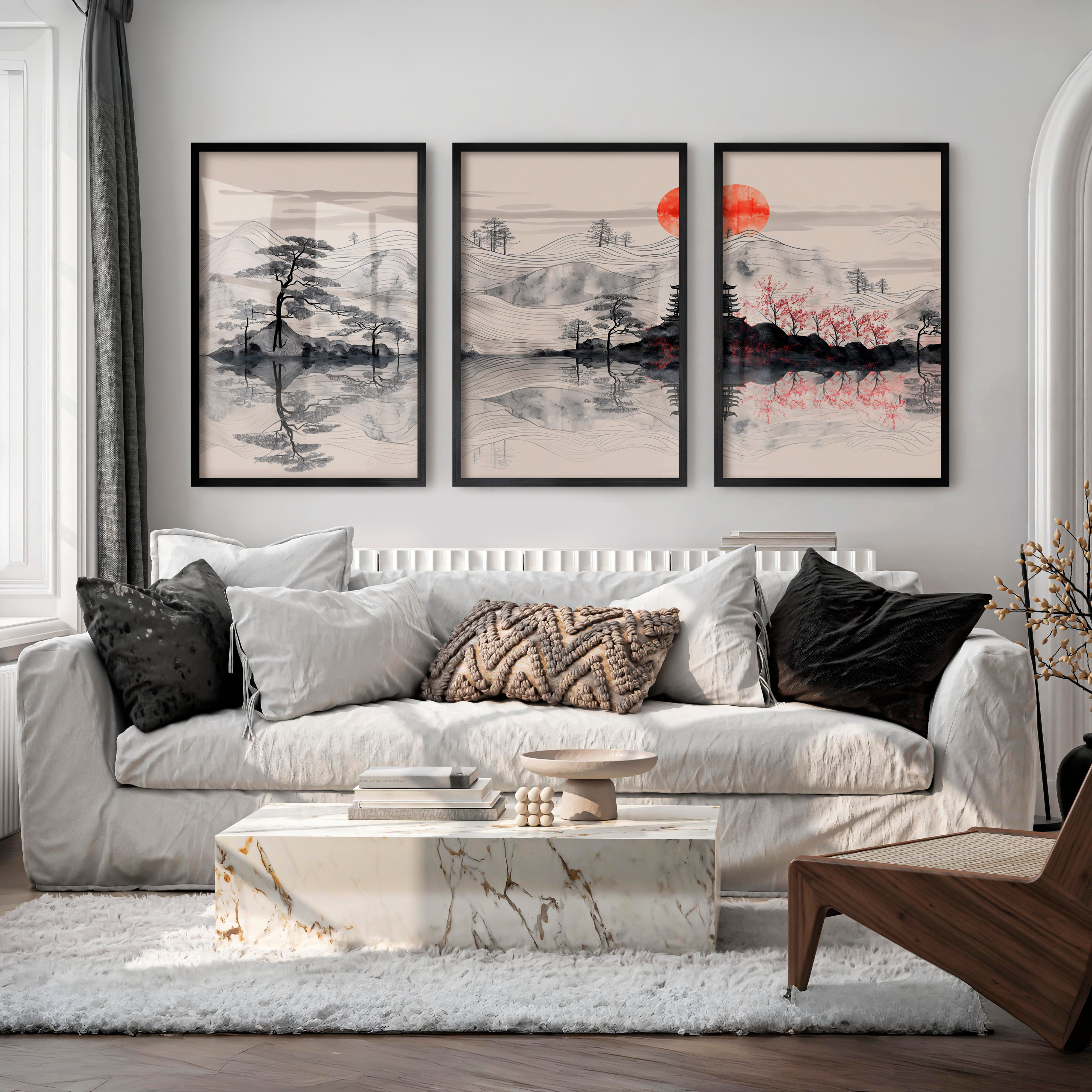 Elegant Japanese Floral Art Featuring Bamboo and Lotus - Black Framed Poster No Border - Artworksets