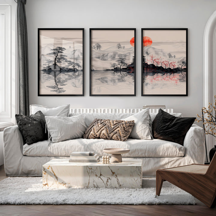 Elegant Japanese Floral Art Featuring Bamboo and Lotus - Black Framed Poster No Border - Artworksets