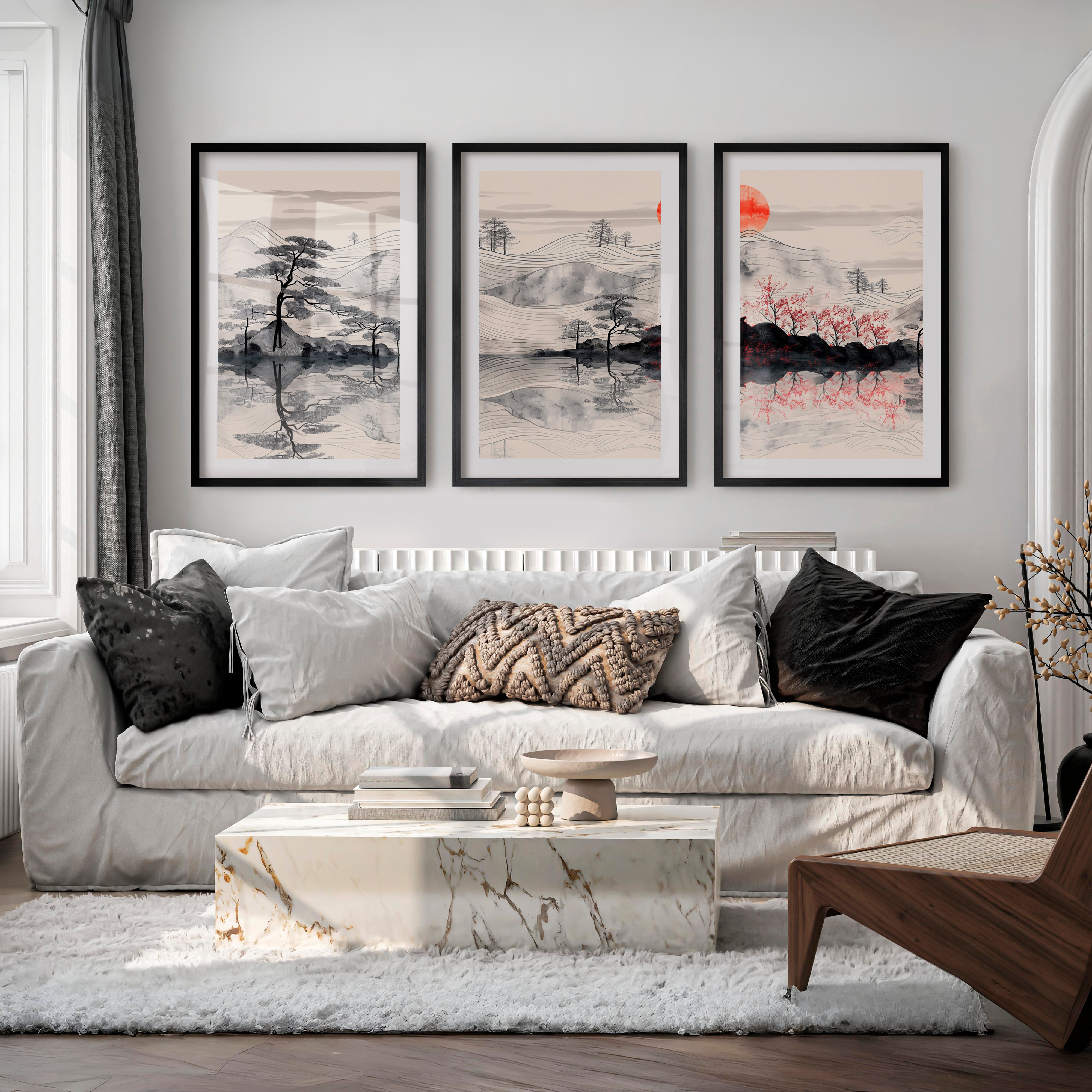 Elegant Japanese Floral Art Featuring Bamboo and Lotus - Black Framed Poster with White Border - Artworksets