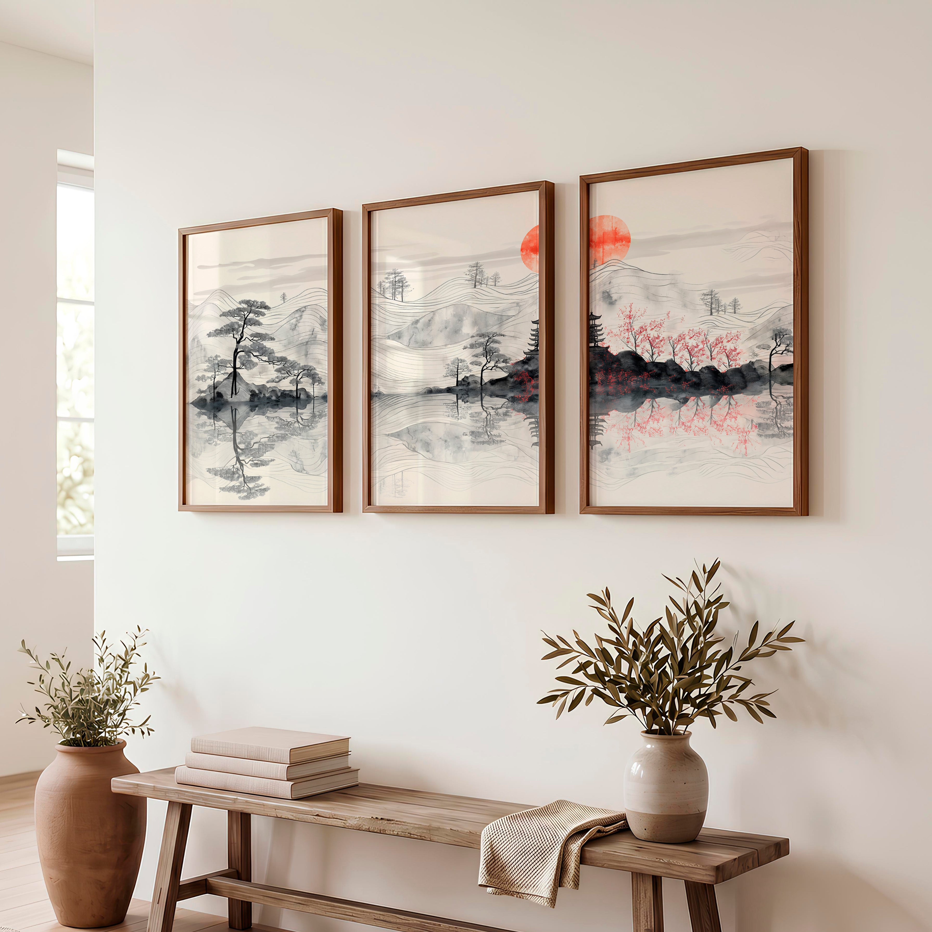 Elegant Japanese Floral Art Featuring Bamboo and Lotus - Dark Brown Framed Poster No Border - Artworksets