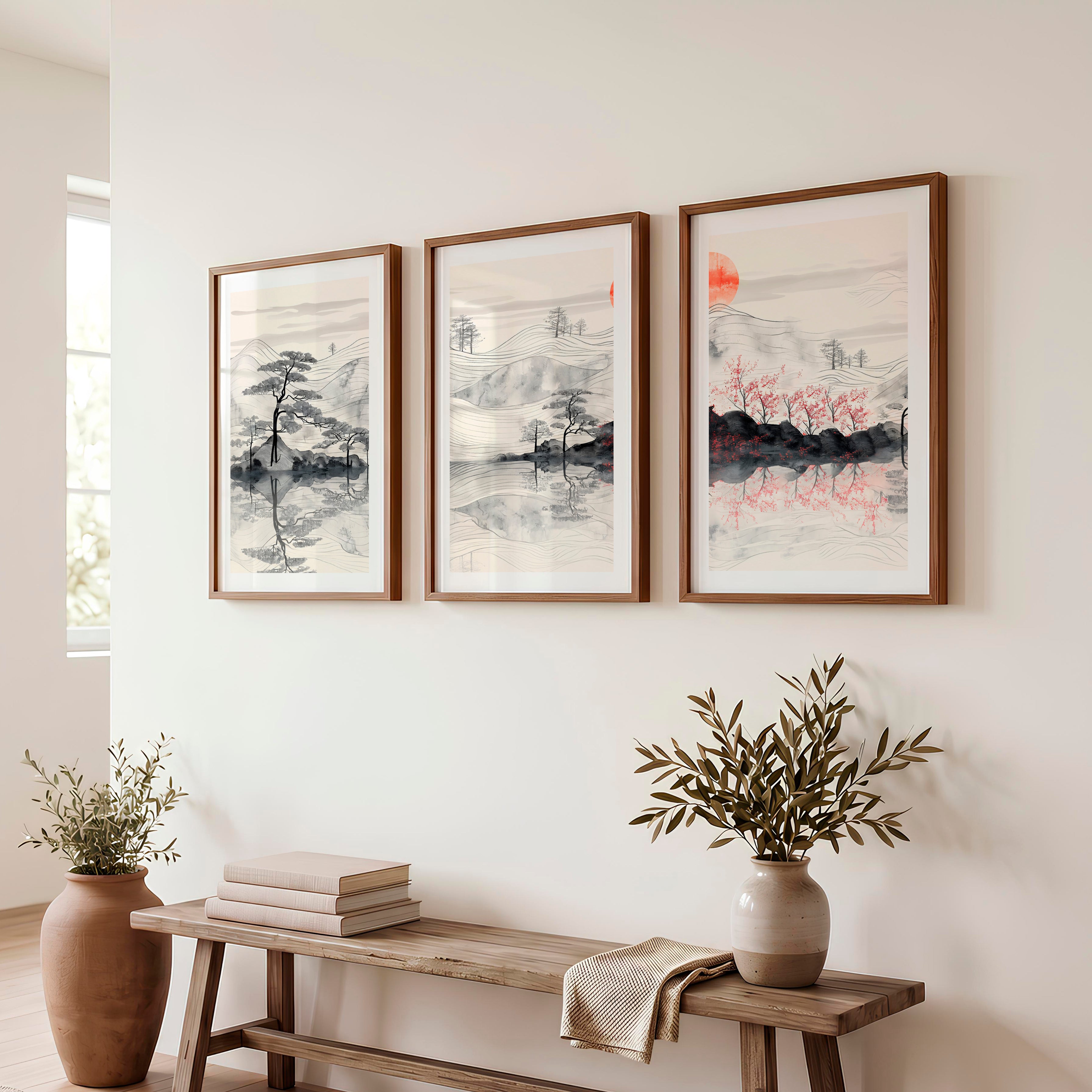 Elegant Japanese Floral Art Featuring Bamboo and Lotus - Dark Brown Framed Poster with White Border - Artworksets