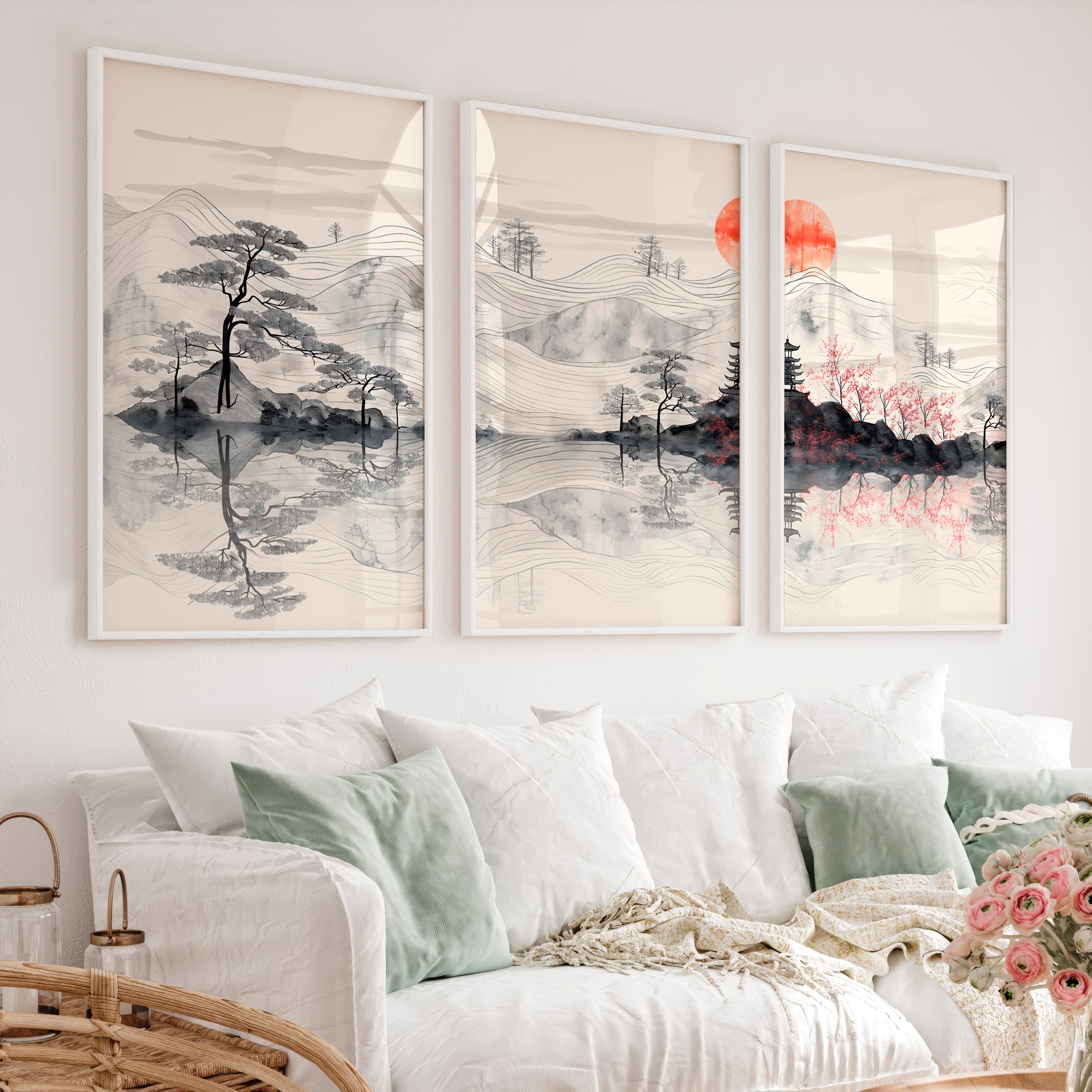 Elegant Japanese Floral Art Featuring Bamboo and Lotus - White Framed Poster No Border - Artworksets