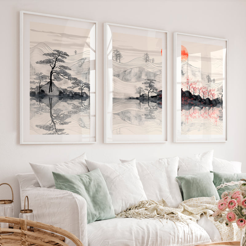 Elegant Japanese Floral Art Featuring Bamboo and Lotus - White Framed Poster with White Border - Artworksets