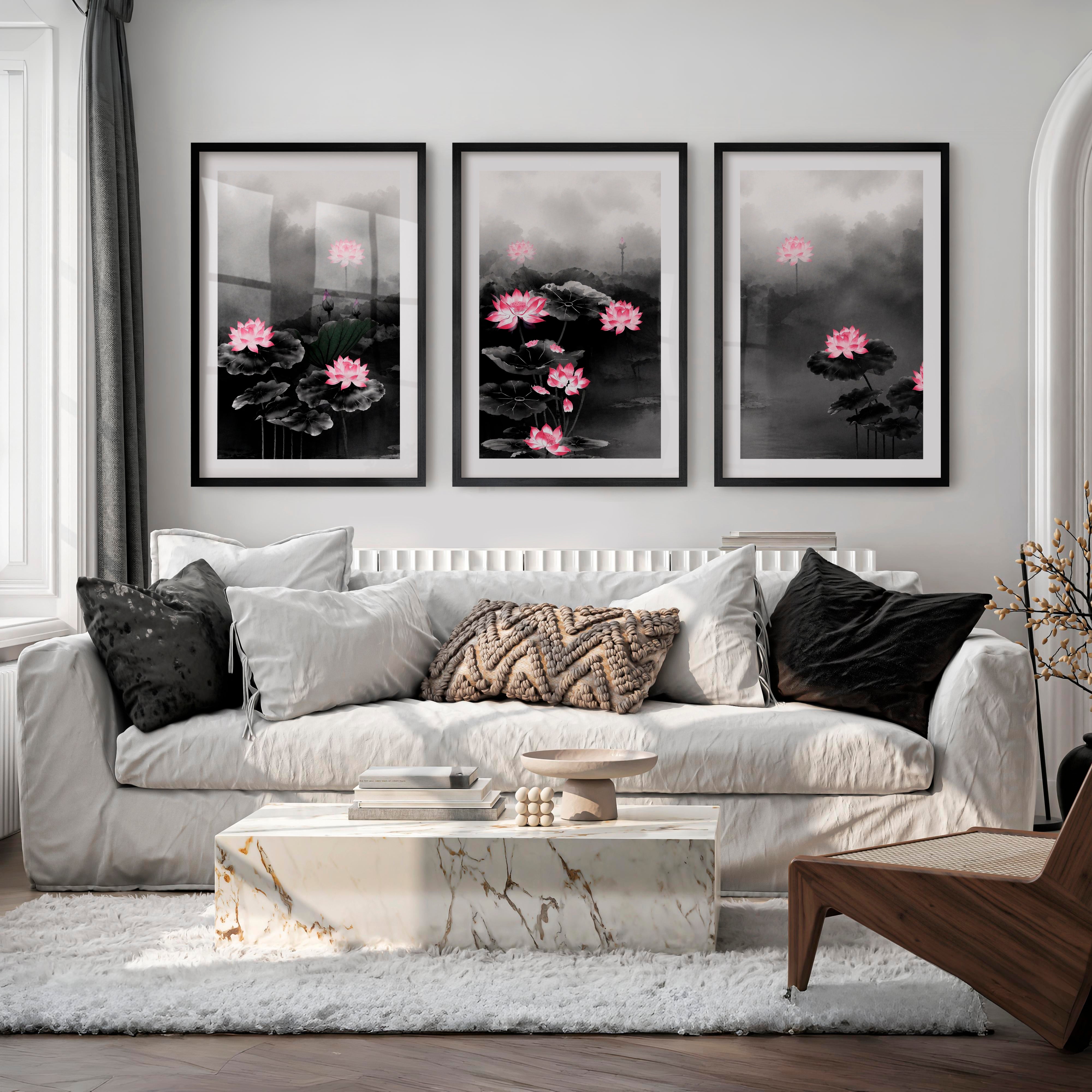 Elegant Japanese Floral Art Featuring Delicate Botanical Branches - Black Framed Poster with White Border - Artworksets