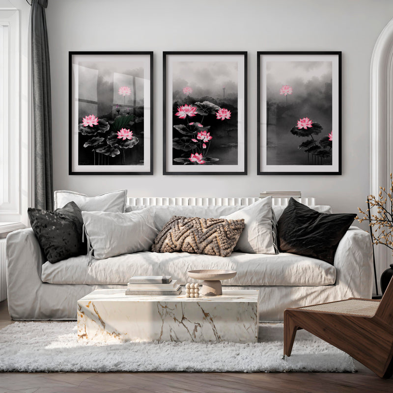 Elegant Japanese Floral Art Featuring Delicate Botanical Branches - Black Framed Poster with White Border - Artworksets
