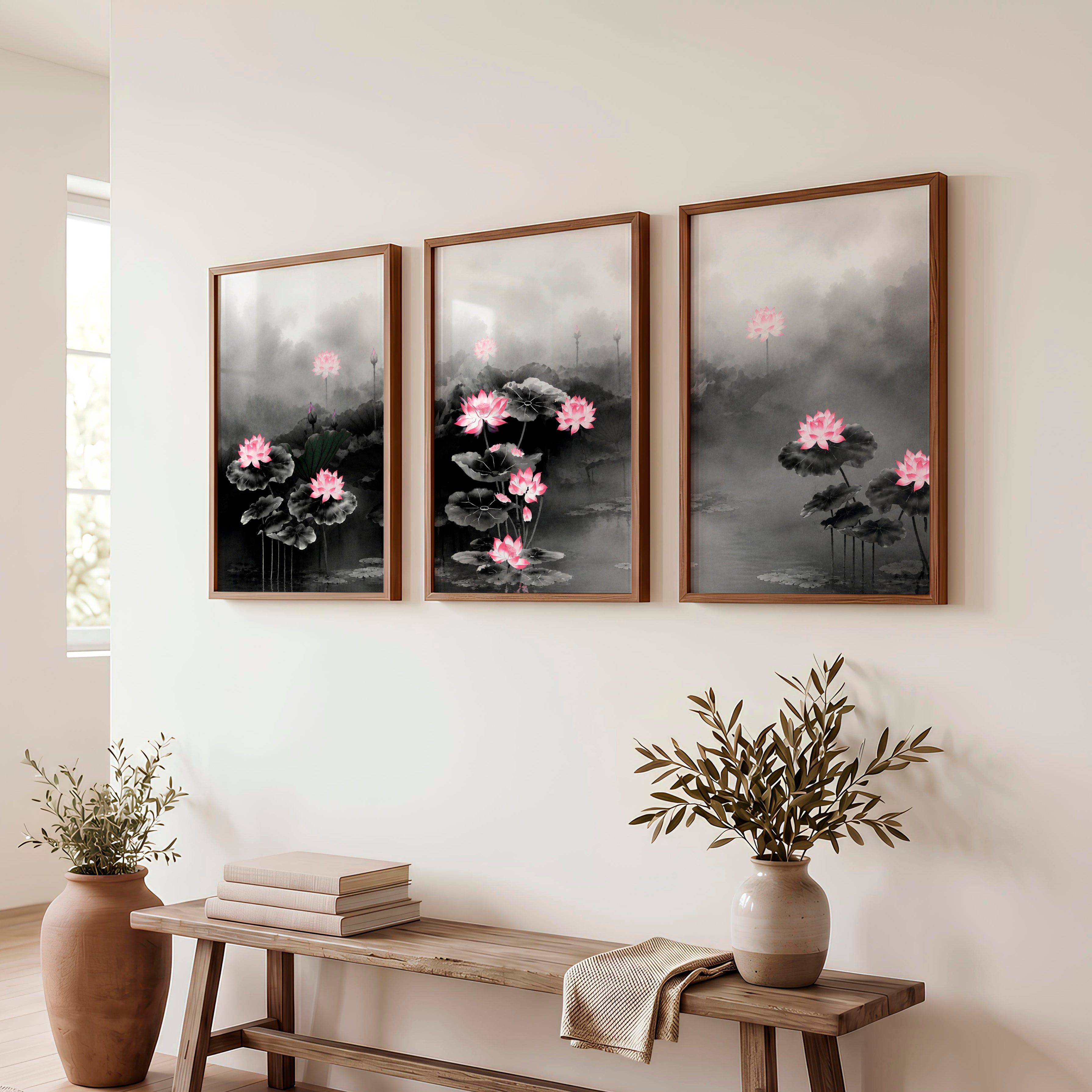 Elegant Japanese Floral Art Featuring Delicate Botanical Branches - Dark Brown Framed Poster No Border - Artworksets