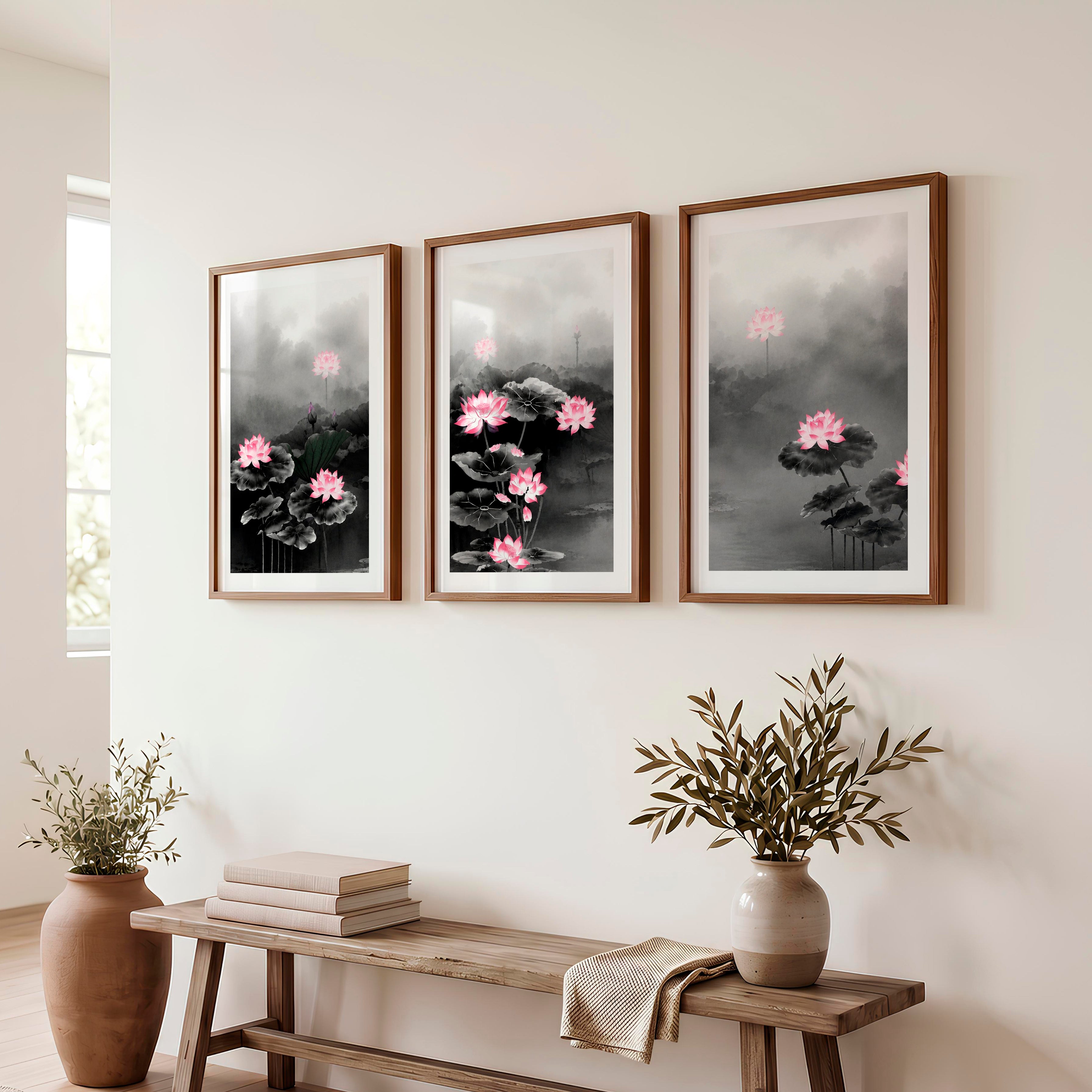Elegant Japanese Floral Art Featuring Delicate Botanical Branches - Dark Brown Framed Poster with White Border - Artworksets