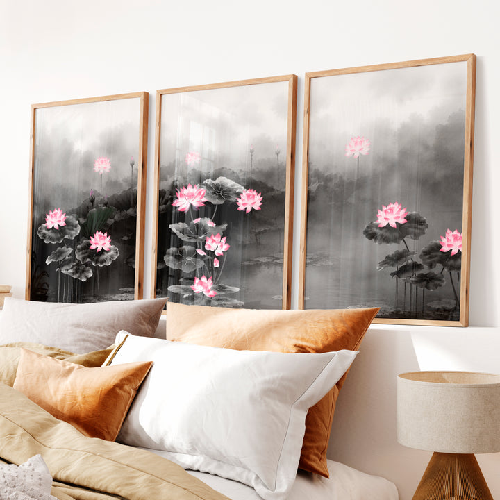 Elegant Japanese Floral Art Featuring Delicate Botanical Branches - Natural Wood Framed Poster No Border - Artworksets