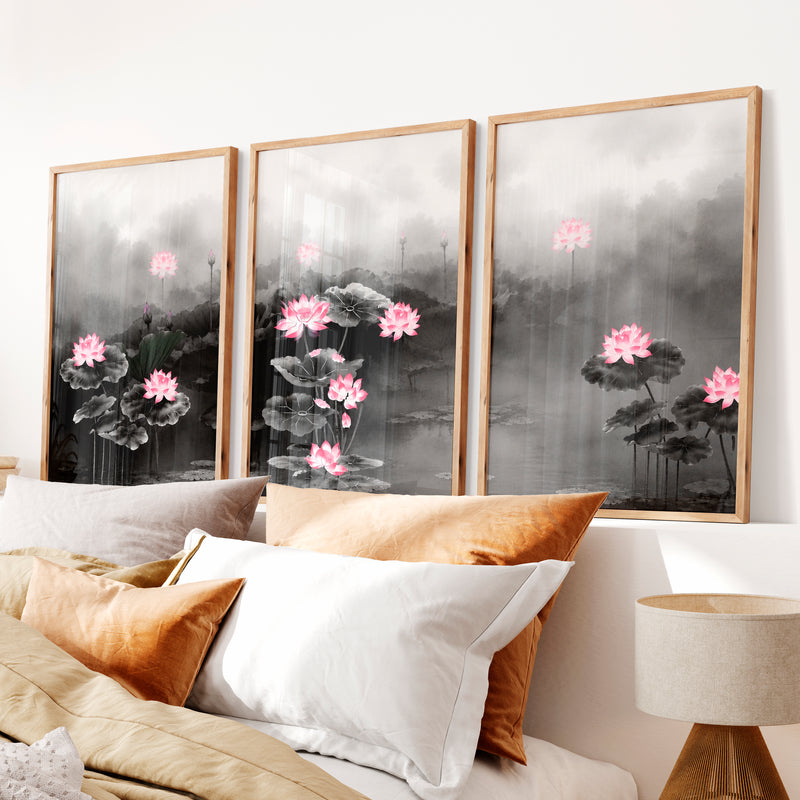 Elegant Japanese Floral Art Featuring Delicate Botanical Branches - Natural Wood Framed Poster No Border - Artworksets