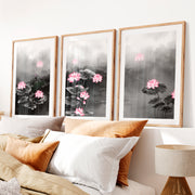 Elegant Japanese Floral Art Featuring Delicate Botanical Branches- Natural Wood Framed Poster with White Border - Artworksets